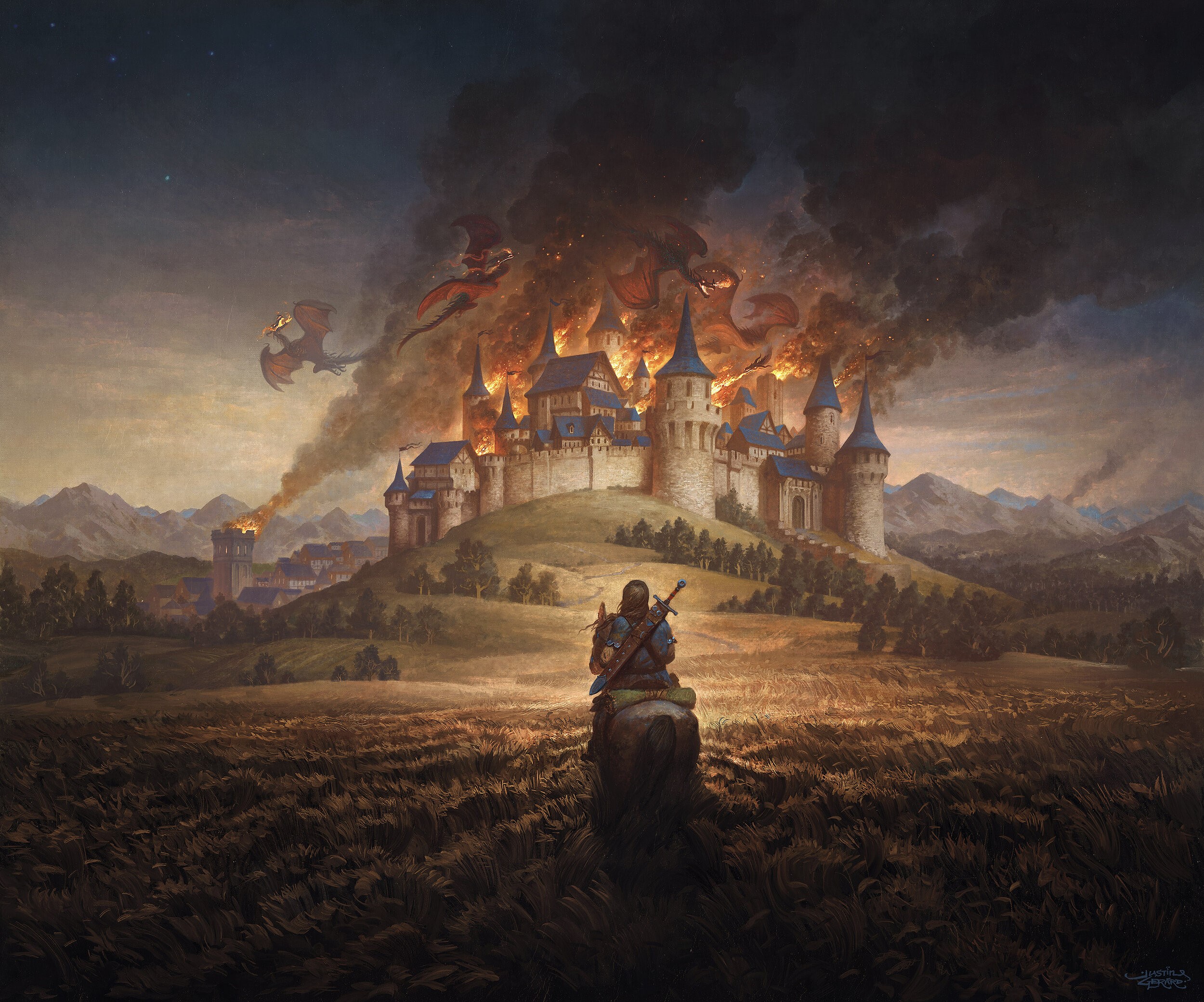 artwork, dragon, fantasy art, castle HD Wallpaper
