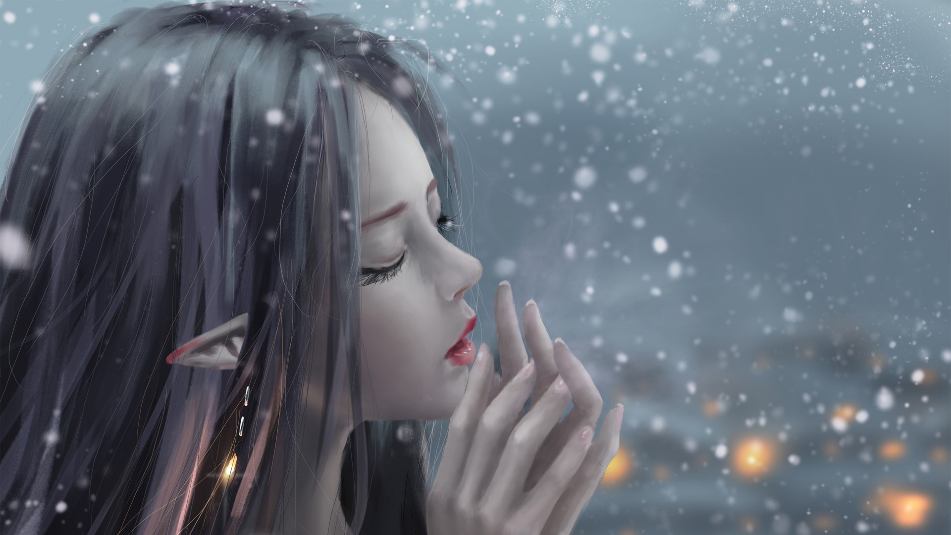 elf ears, snowflakes, elves, drawing, Ydiya Kai HD Wallpaper