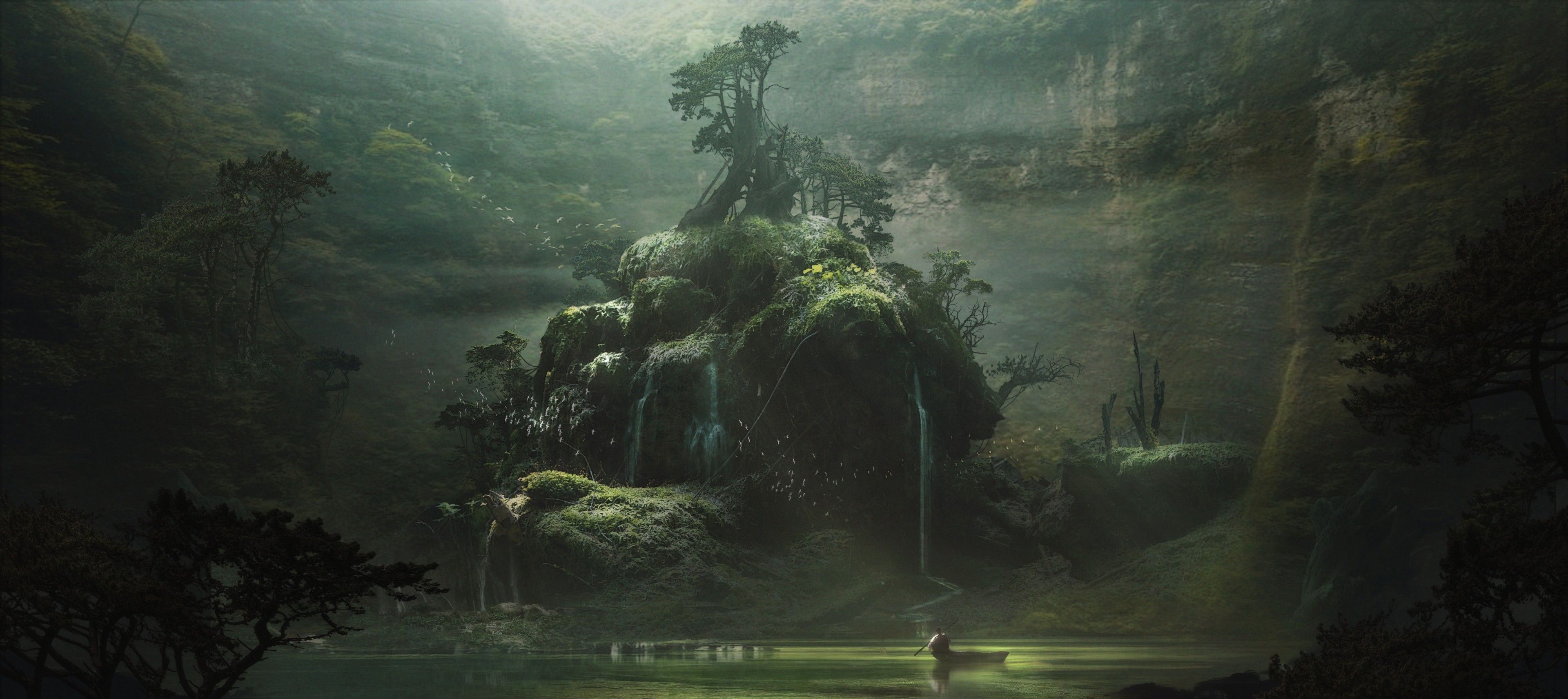 4K, digital art, boat, nature, cenotes, forest, artwork HD Wallpaper