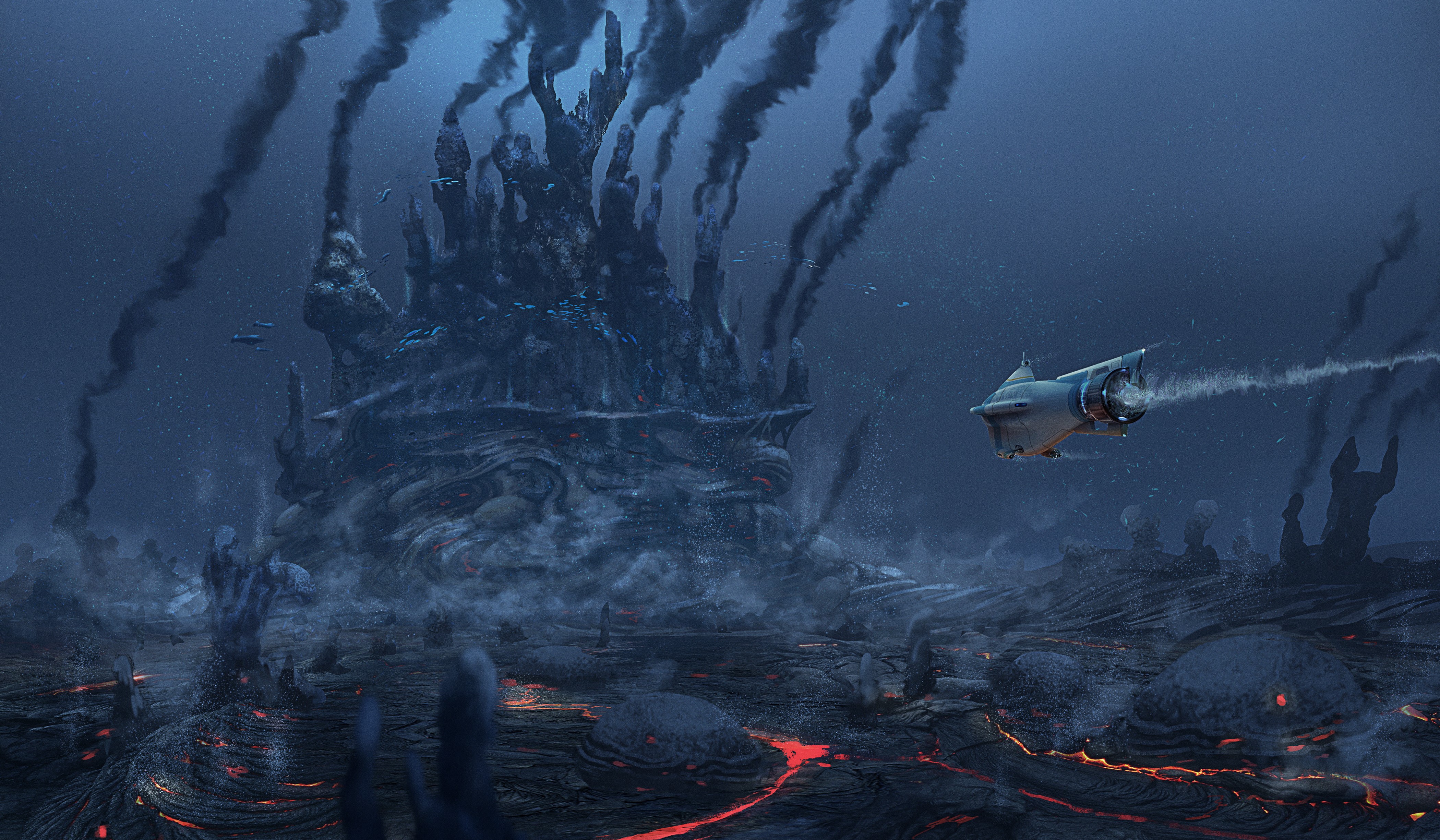 4K, underwater, subnautica, video games, submarine, video game art, vehicle HD Wallpaper