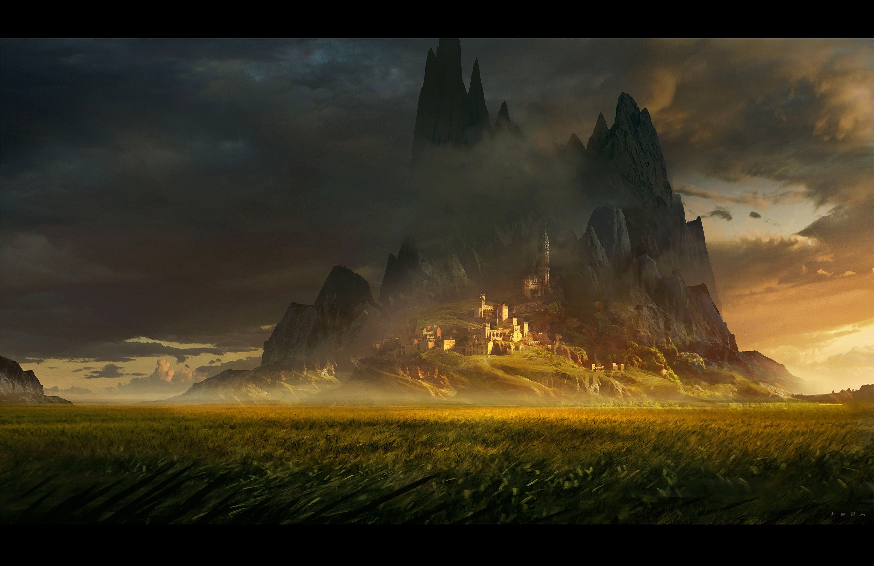 artwork, digital art, castle, mountains, fantasy city HD Wallpaper