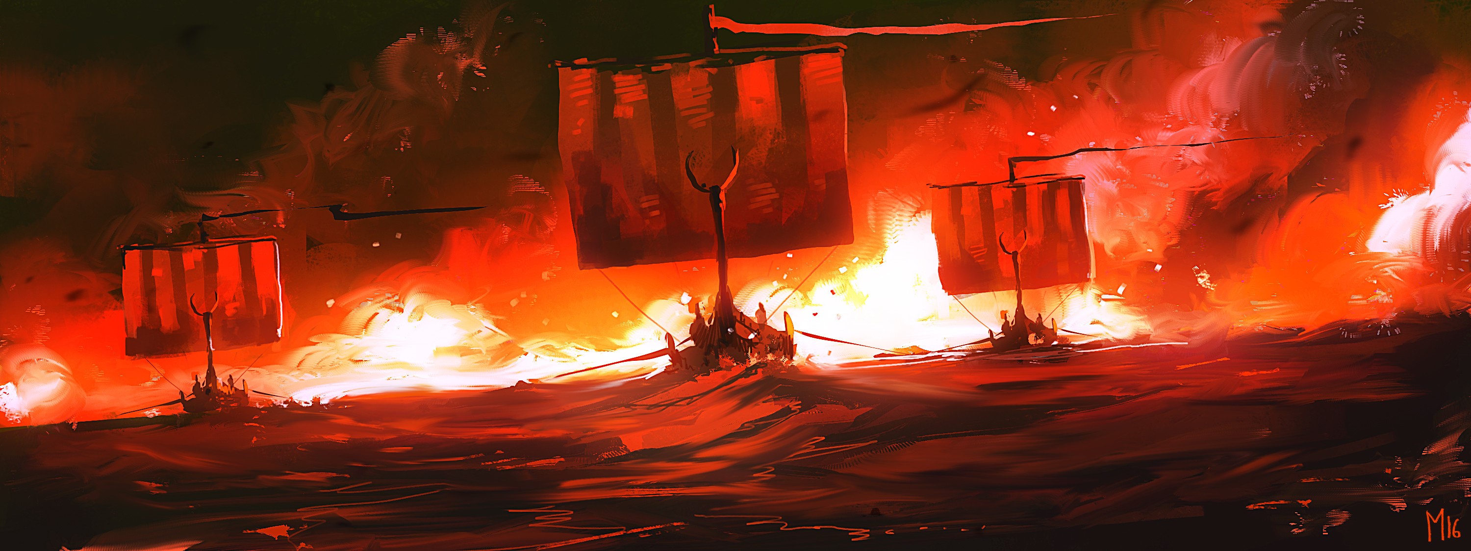 sea, ArtStation, boat, Dominik Mayer, vehicle, fantasy art, fire, artwork HD Wallpaper