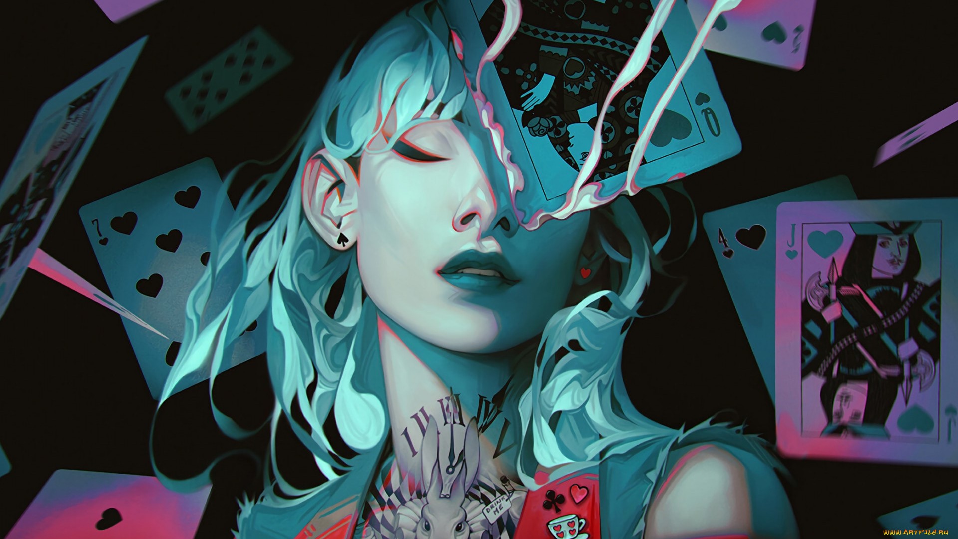 portrait, playing cards, women, face, artwork, closed eyes HD Wallpaper