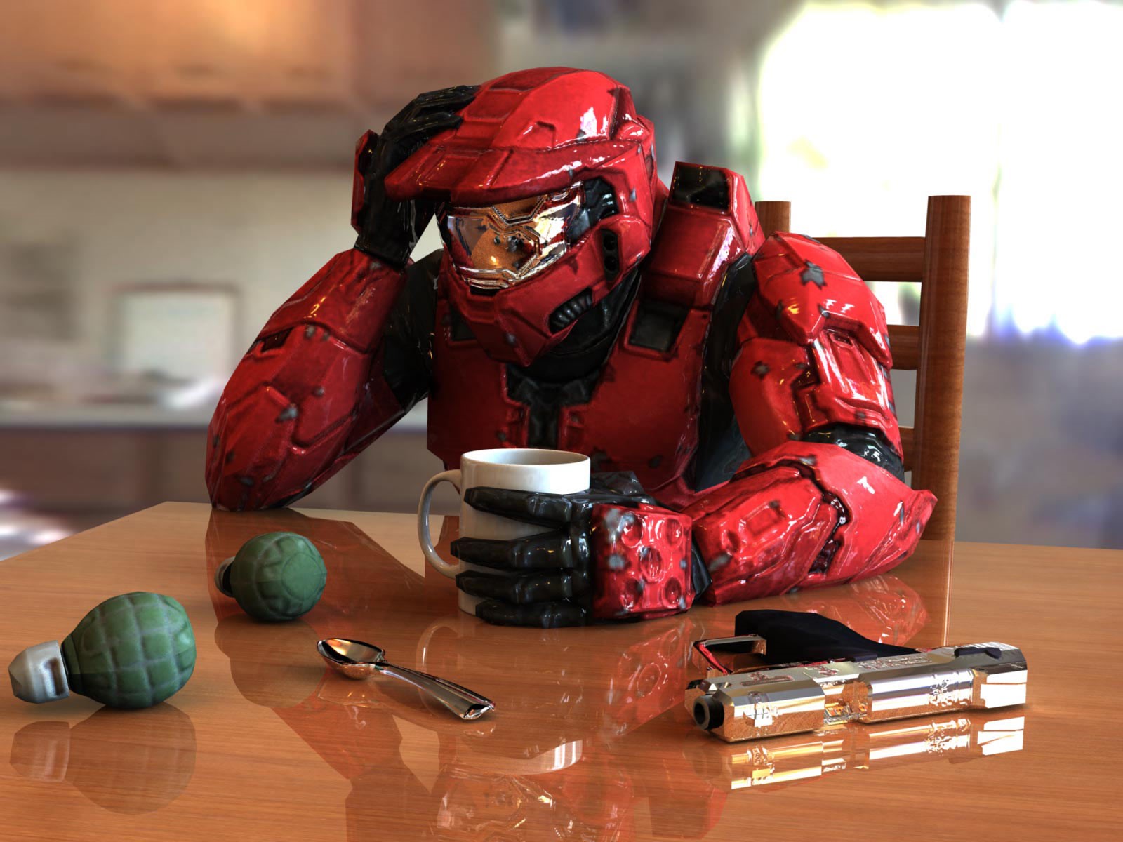 Halo, cup, video games, sitting, weapon, gun HD Wallpaper