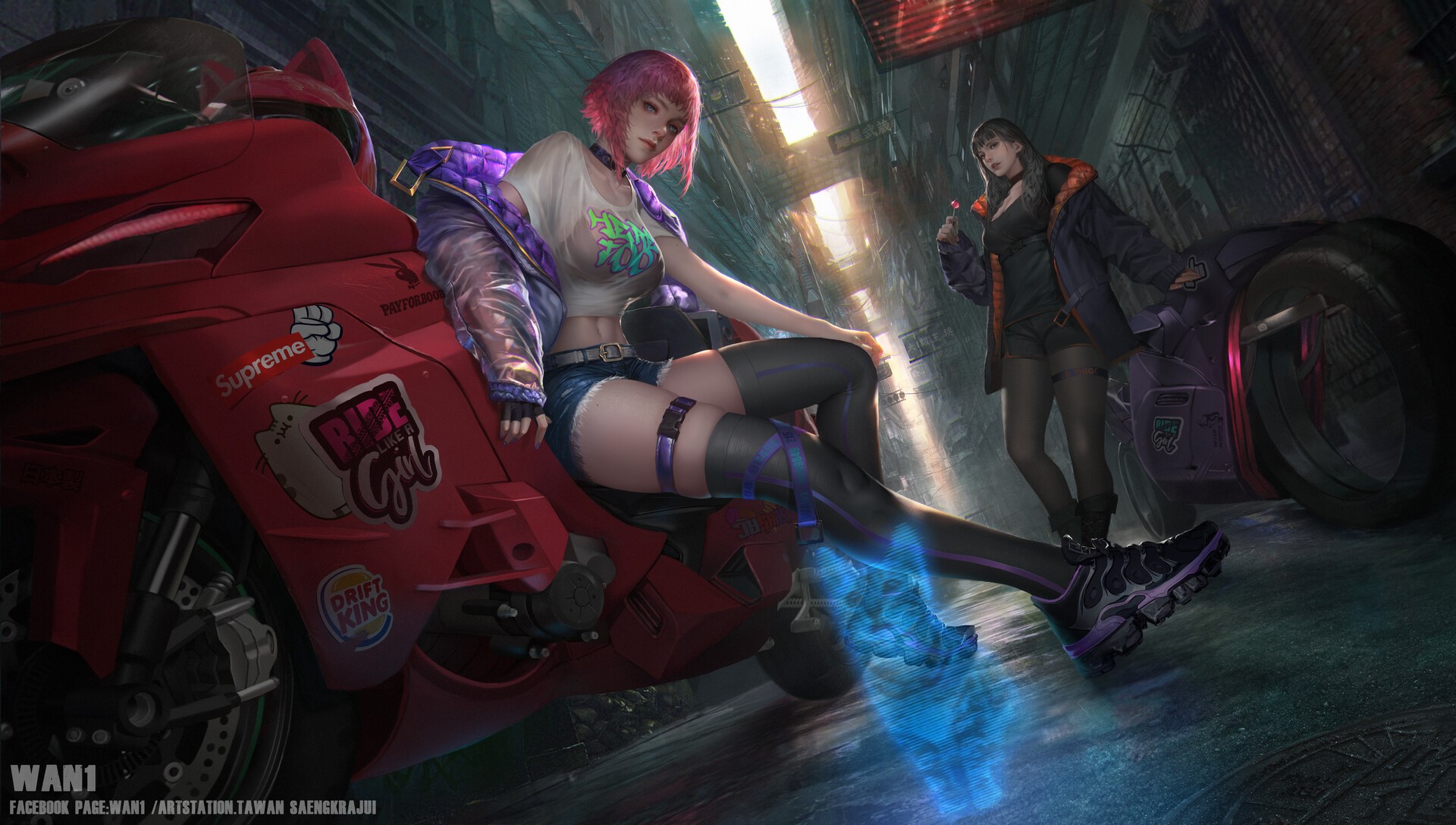 futuristic, women, cats, motorcycle, artwork HD Wallpaper