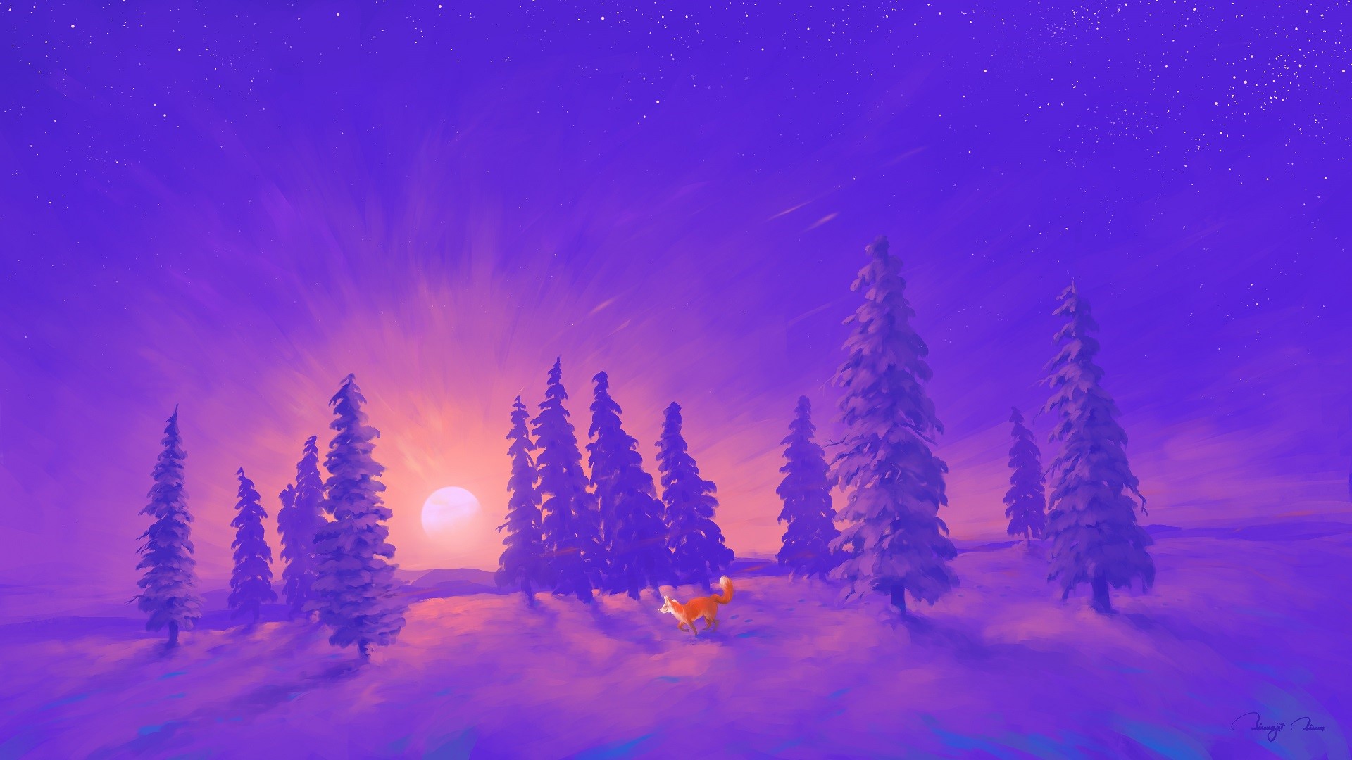 fox, snow, landscape, sunrise, digital painting, BisBiswas HD Wallpaper