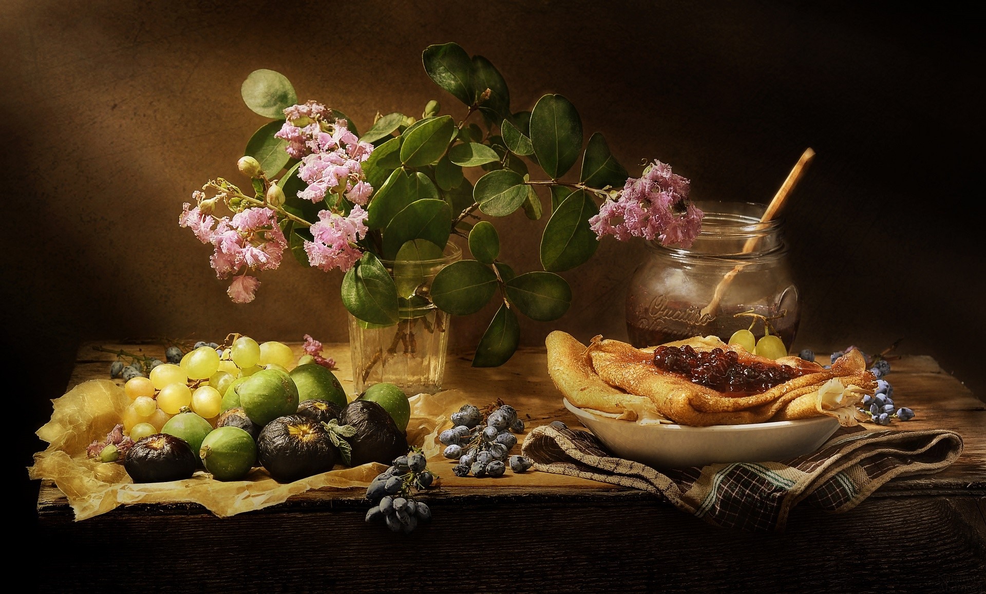 food, fruit, sweets, flowers, still life, pancakes, plants, berries HD Wallpaper