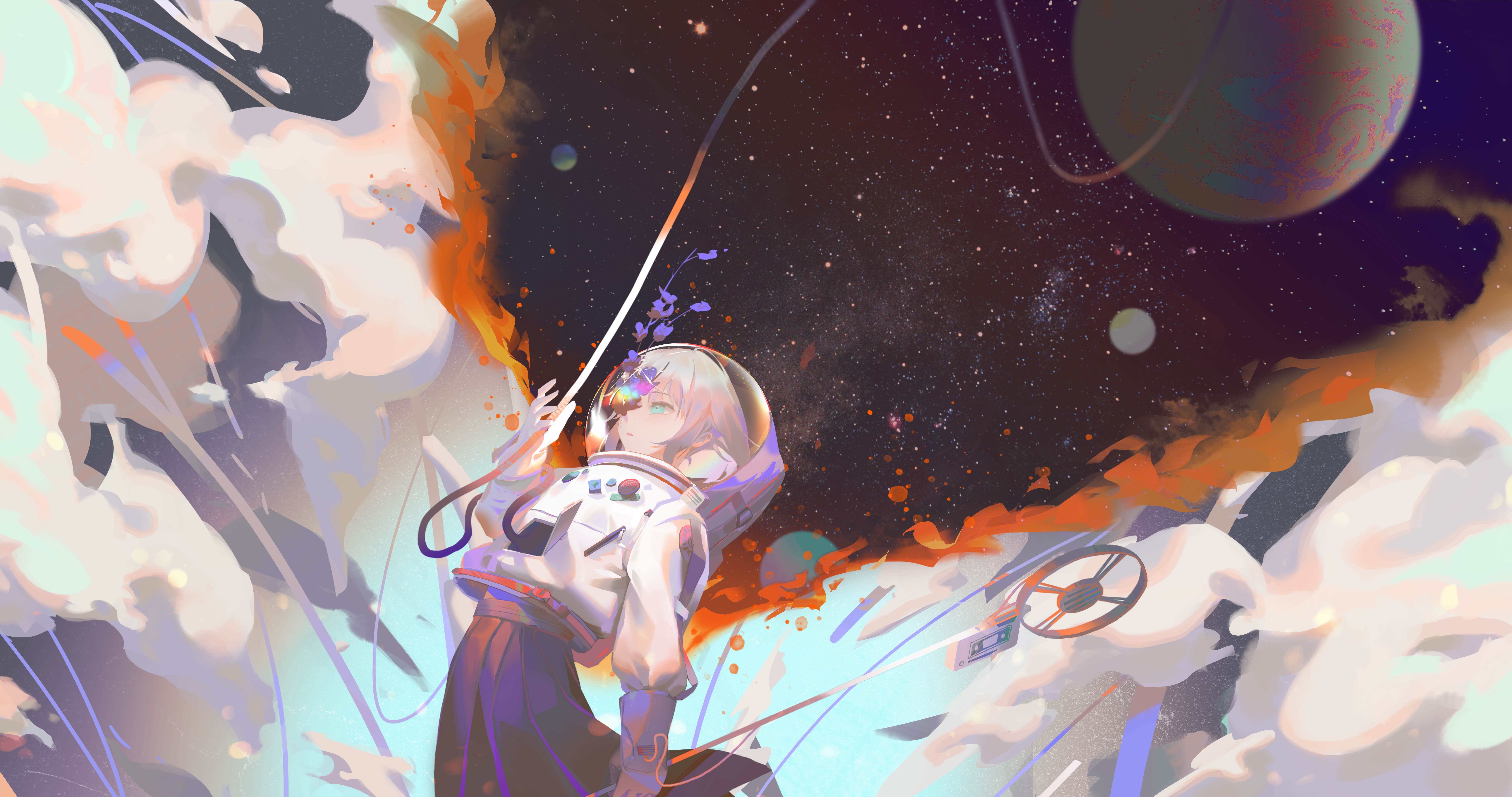 4K, blonde, clouds, aqua eyes, school uniform, short hair, skirt, planet, JK, flowers, space suit, 2D, space, original characters, stars, anime girls, anime HD Wallpaper