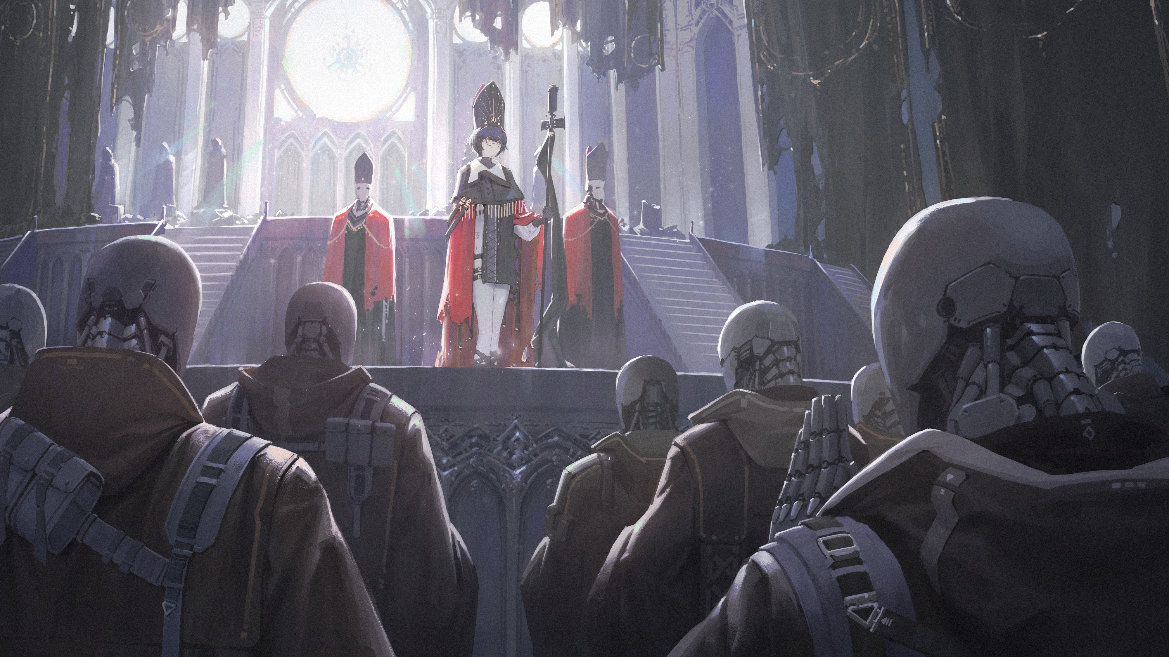 4K, short hair, red clothing, women with glasses, cyborg, Robots, praying, science fiction, 2D, white legwear, church, AreaAaron, temple, yellow eyes, original characters, dark hair, anime girls, anime HD Wallpaper