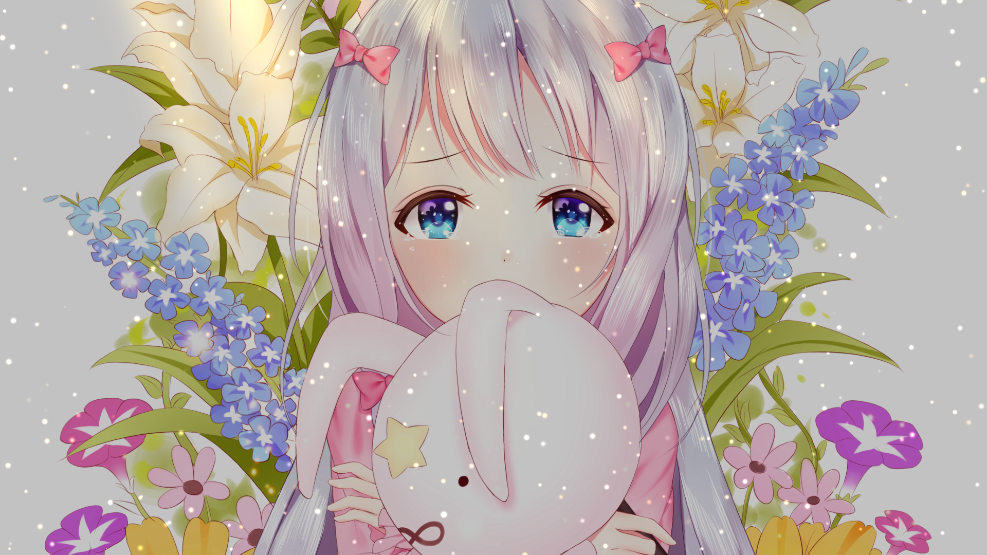 blue eyes, fair skin, tears, Eromanga-sensei, silver hair, flowers, Izumi Sagiri, hair band, anime girls, Rabbit (artist) HD Wallpaper