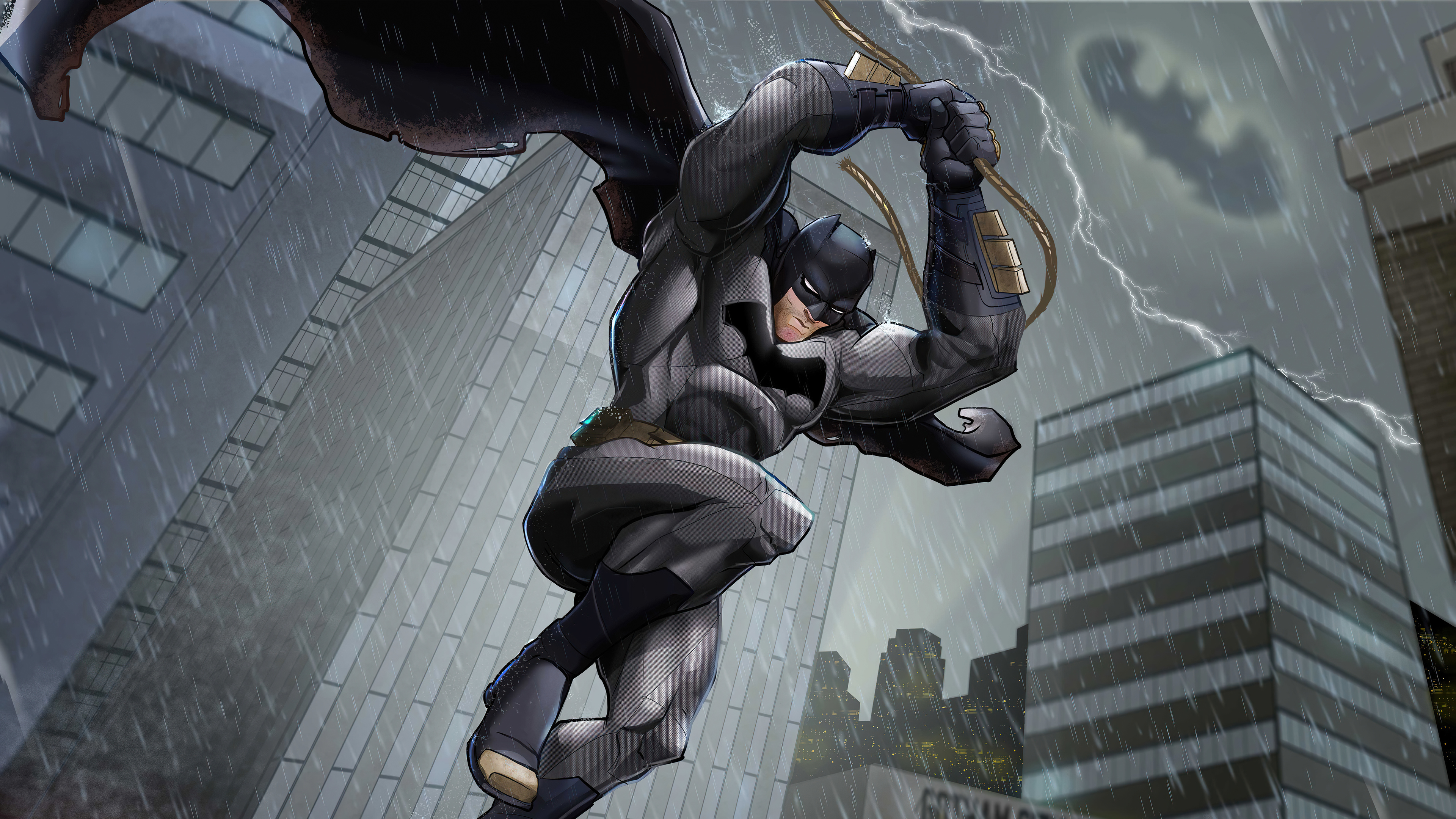 Batman swinging through Gotham City in the rain HD Wallpaper