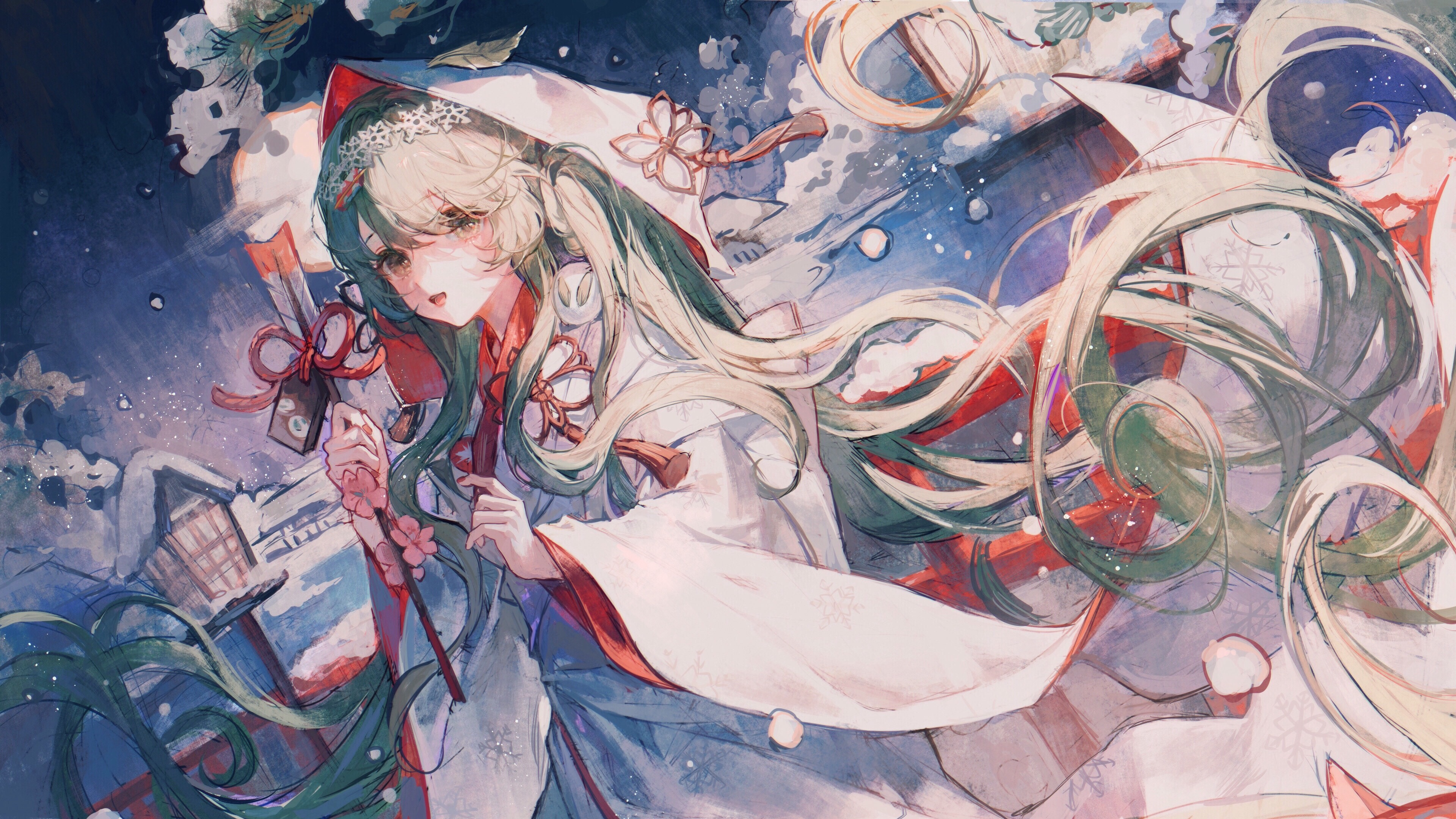 4K, teal hair, snowing, Vocaloid, Shiromuku, Matcha_, long hair, Hatsune Miku, twintails, kimono, traditional clothing HD Wallpaper