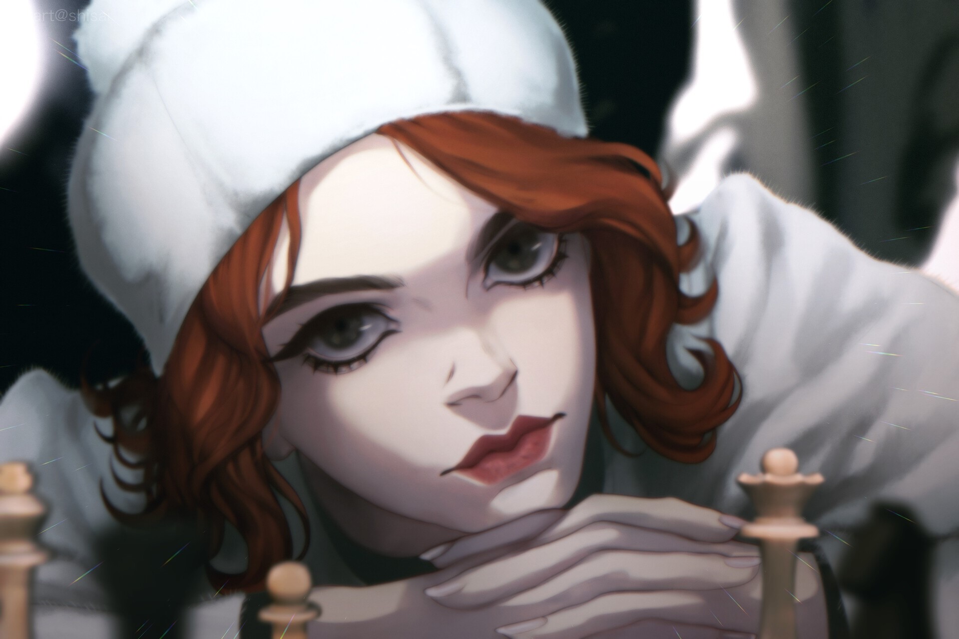 short hair, white hat, women, face, hands crossed, Netflix TV Series, drawing, Beth Harmon, looking at viewer, portrait, hat, chess, artwork, Anya Taylor-Joy, TV Series, digital art, redhead, fan art, ArtStation, Yaroslava (Artist) HD Wallpaper