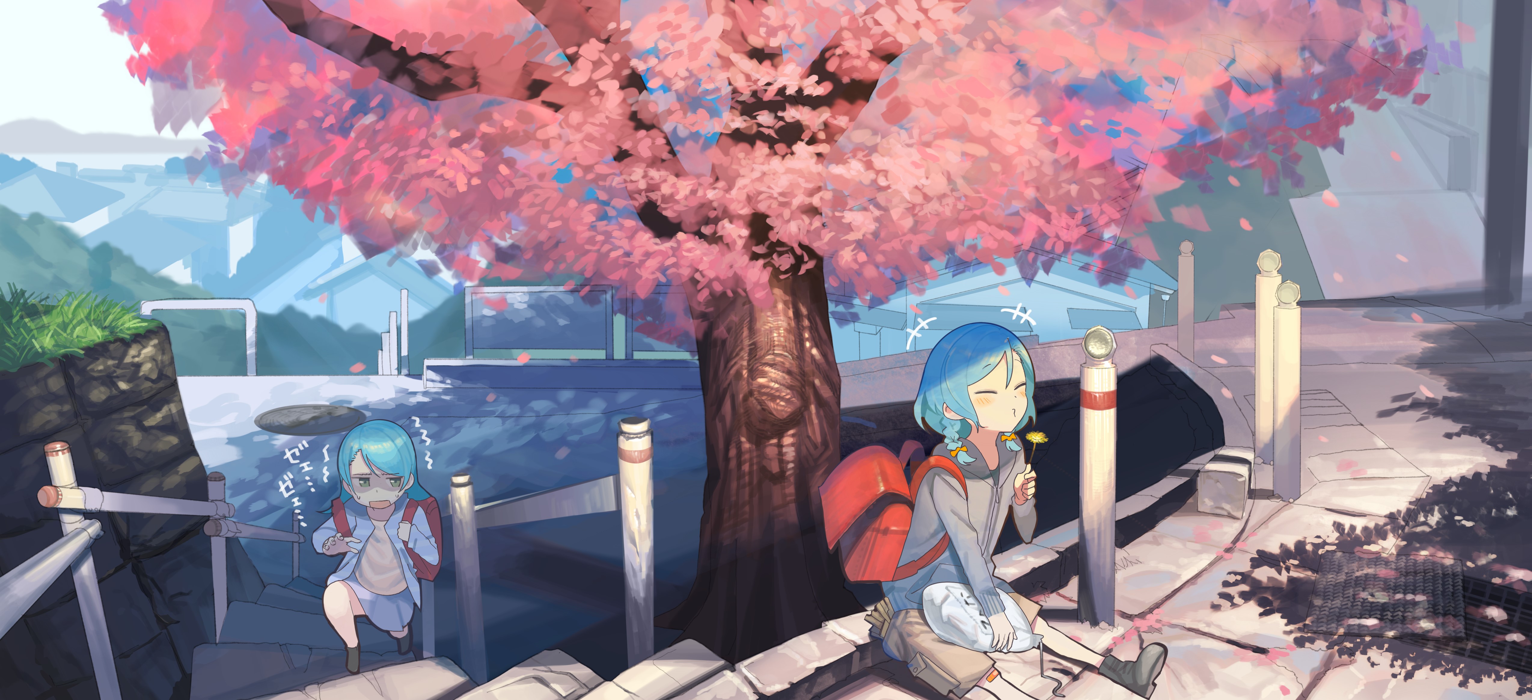 4K, anime girls, Hikawa Hina, sakura (tree), BanG Dream!, cherry trees, Hikawa Sayo, blue hair, anime, Ahonote HD Wallpaper