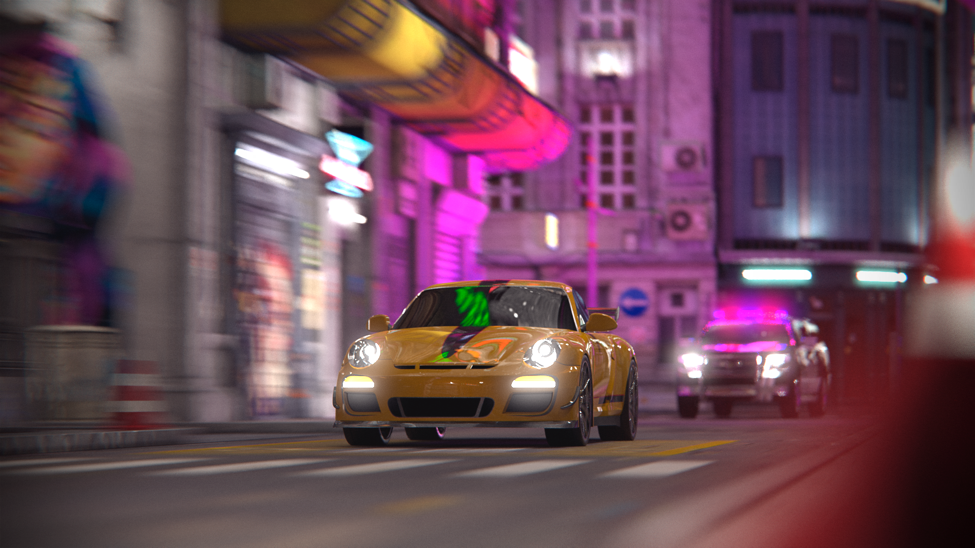 city, rendering, car, night, render, digital art, police cars, car chase, CGI, Porsche, racing HD Wallpaper
