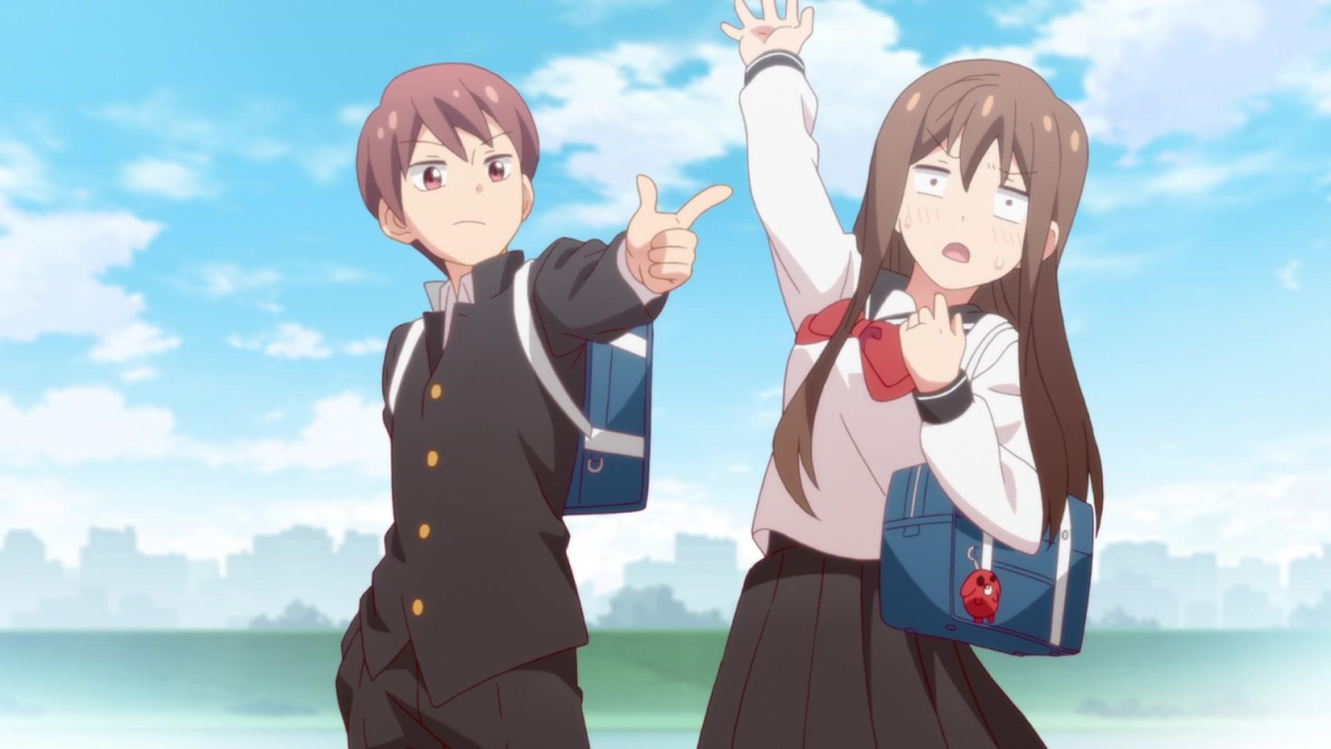 anime boys, arms up, brunette, hand gesture, anime girls, sky, anime, outdoors, Tsurezure Children, clouds HD Wallpaper