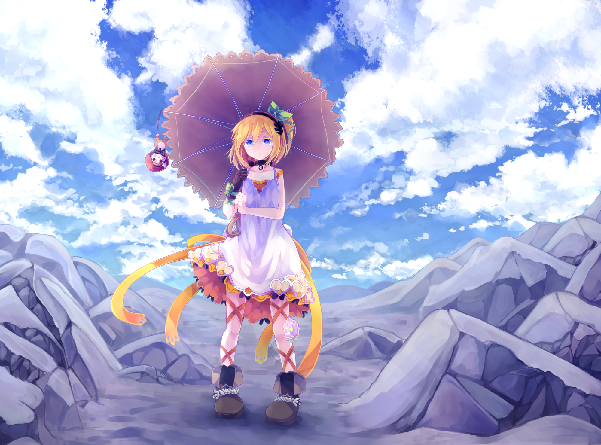 women with umbrella, umbrella, blue eyes, anime girls, yellow hair, anime, Tales of Zestiria, clouds, standing HD Wallpaper