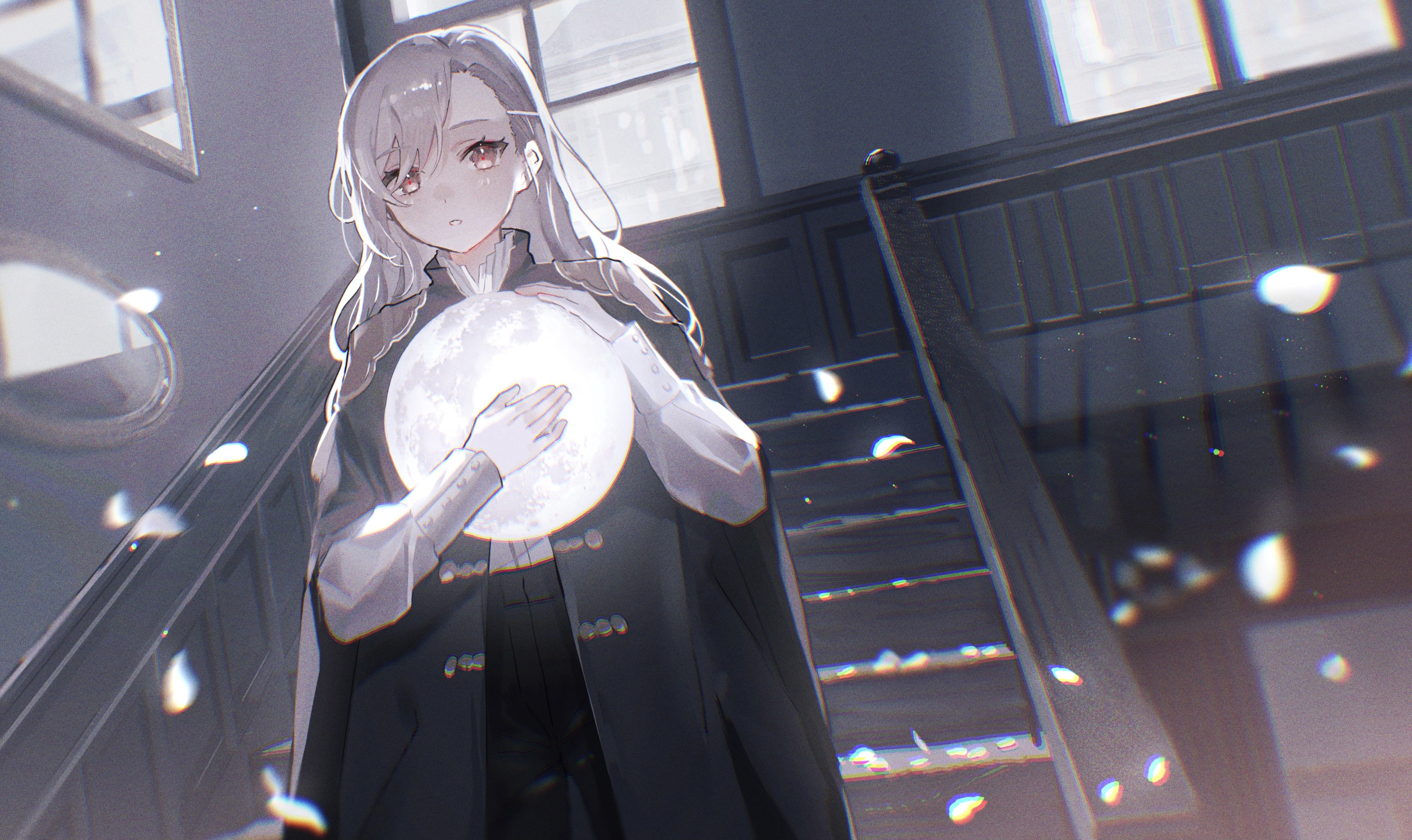 long hair, brown eyes, anime girls, Moon, petals, light effects, blonde, anime, stairs HD Wallpaper