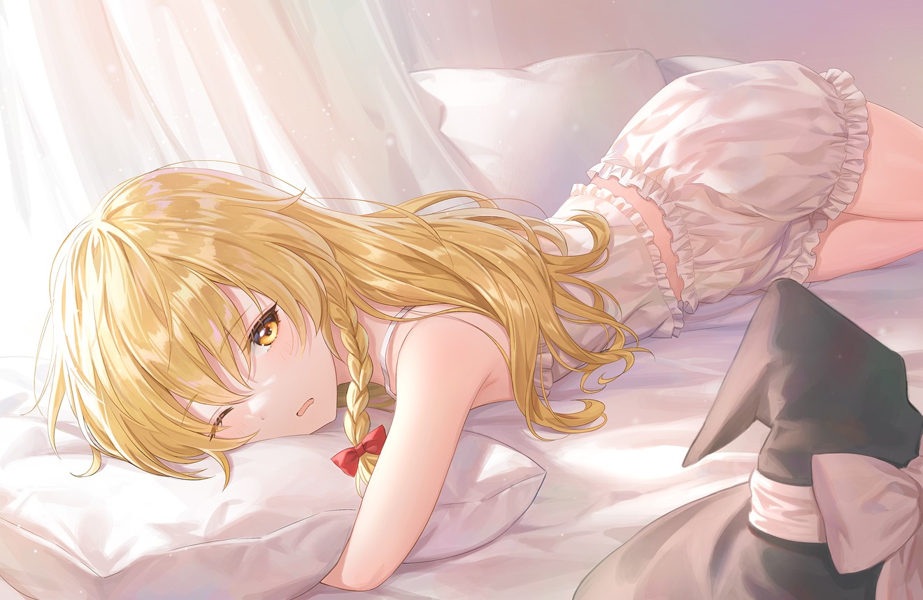one eye closed, pyjamas, in bed, artwork, blonde, Kirisame Marisa, anime, Touhou HD Wallpaper