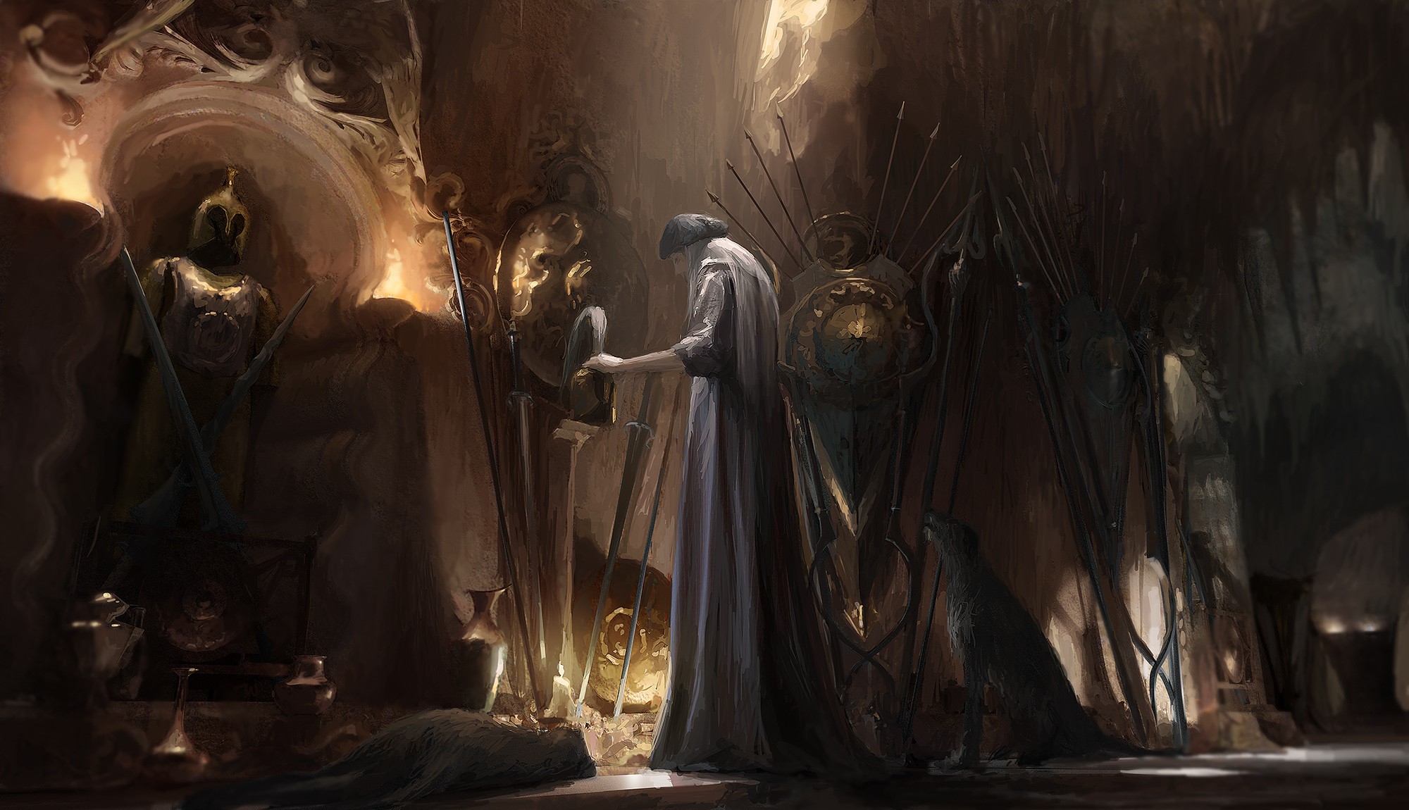 fantasy men, artwork, dog, weapon, fantasy art, armor HD Wallpaper