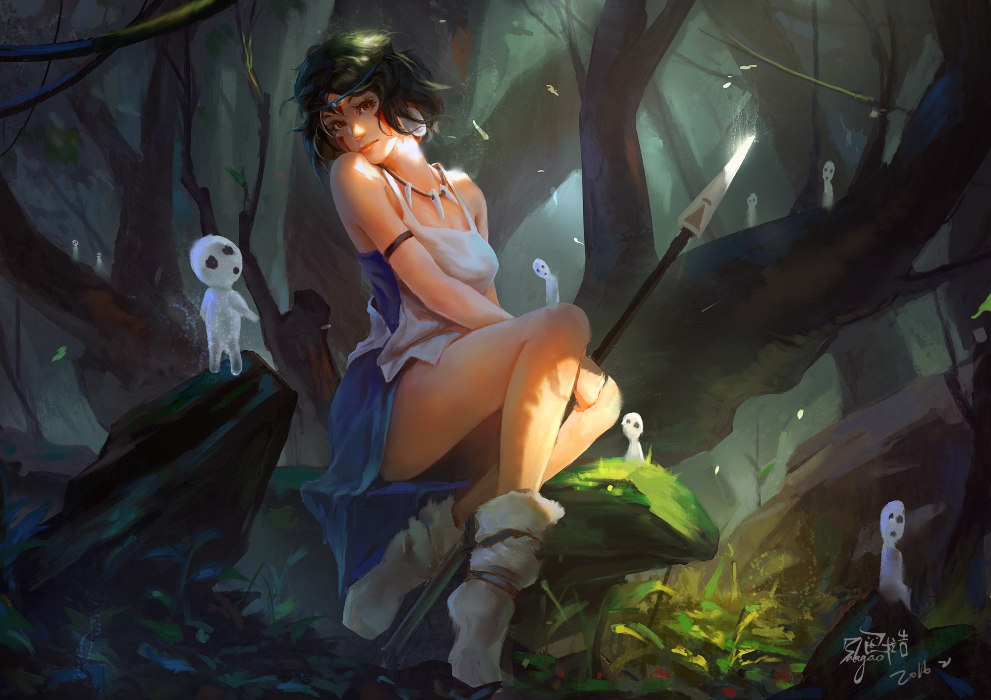 fantasy art, looking at viewer, legs, forest, red eyes, necklace, spear, grass, fantasy girl, anime, short hair, dark hair, San, anime girls, Princess Mononoke, spirits HD Wallpaper