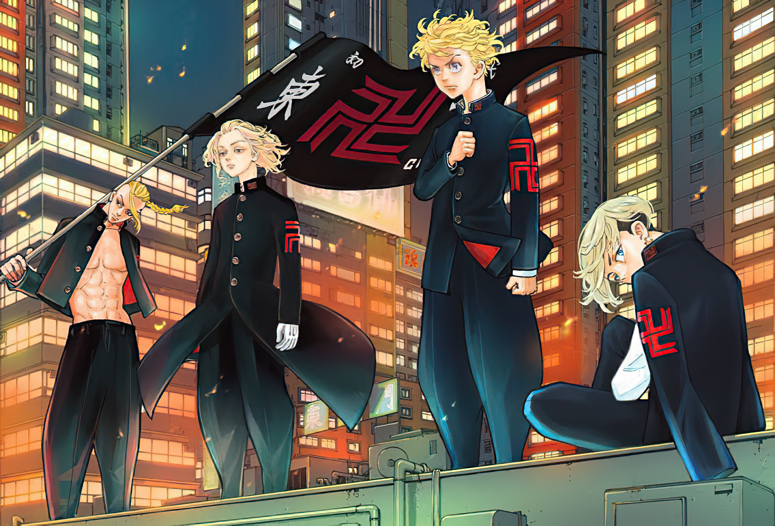 Tokyo Revengers Anime Boys with Flag in City Night HD Wallpaper