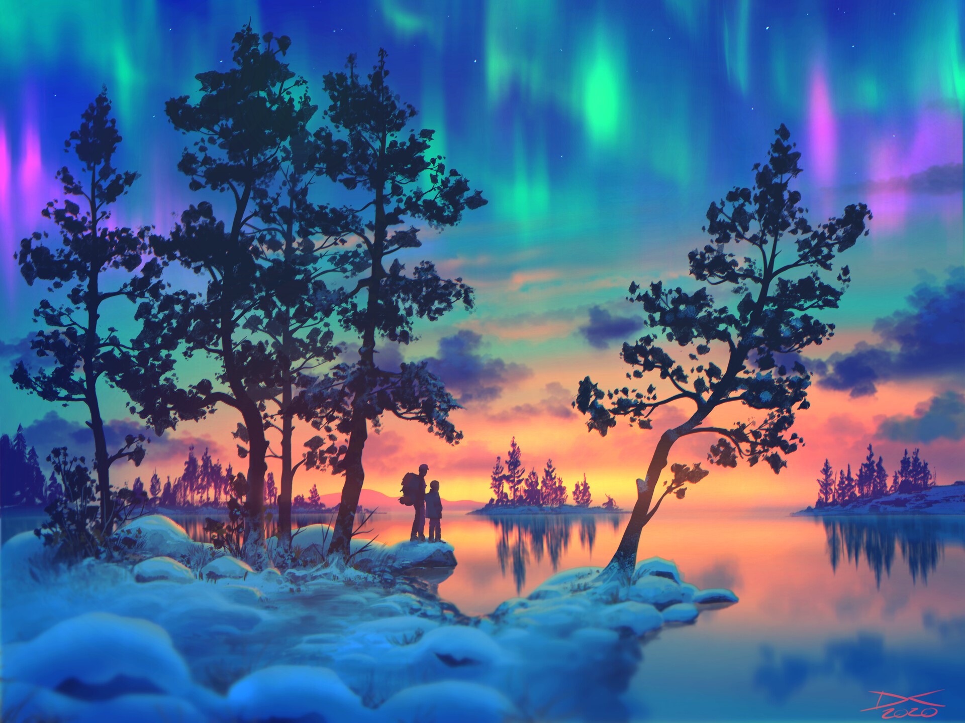 artwork, trees, aurorae, digital art, snow HD Wallpaper
