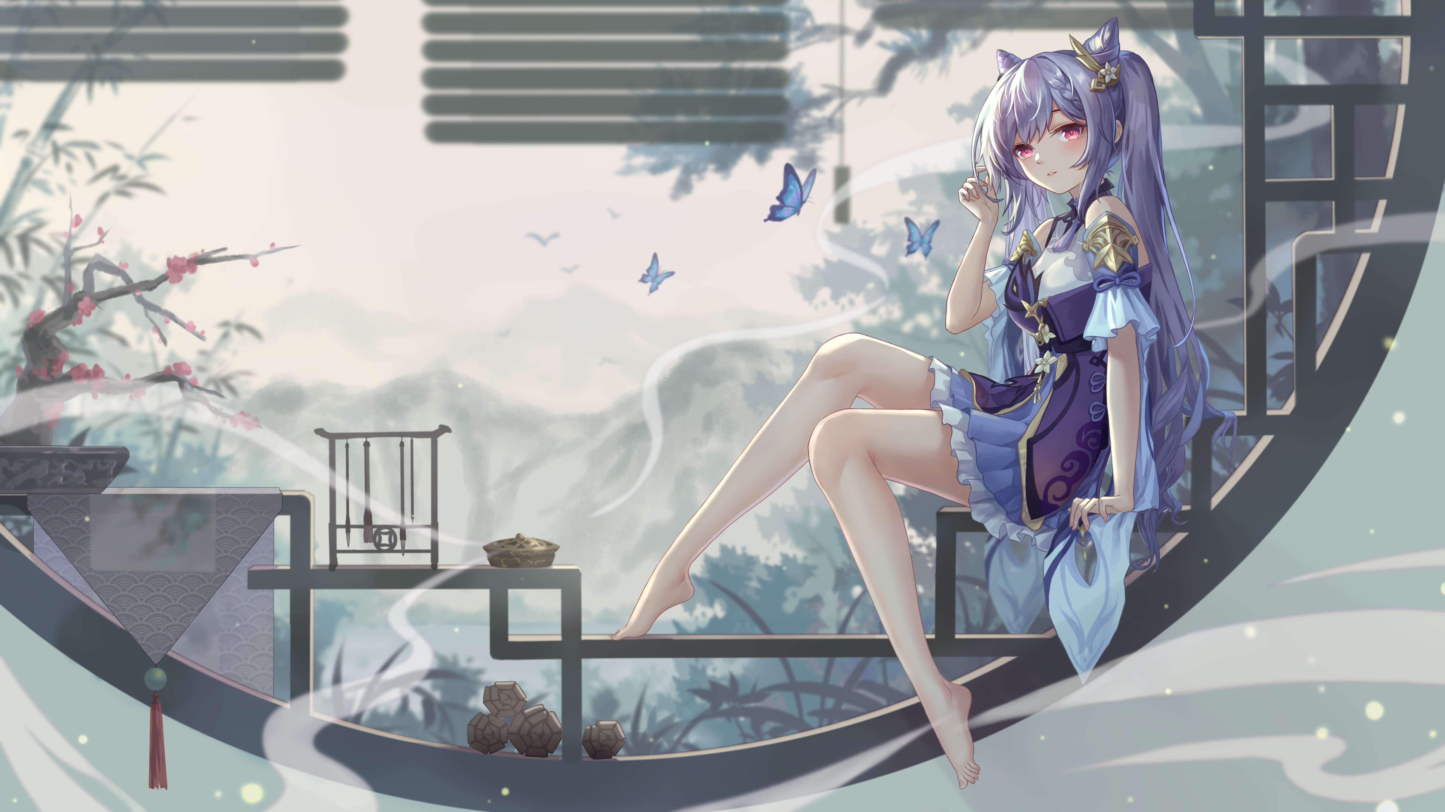 4K, Genshin Impact, anime girls, chinese classical, BRJ, barefoot, Keqing (Genshin Impact) HD Wallpaper