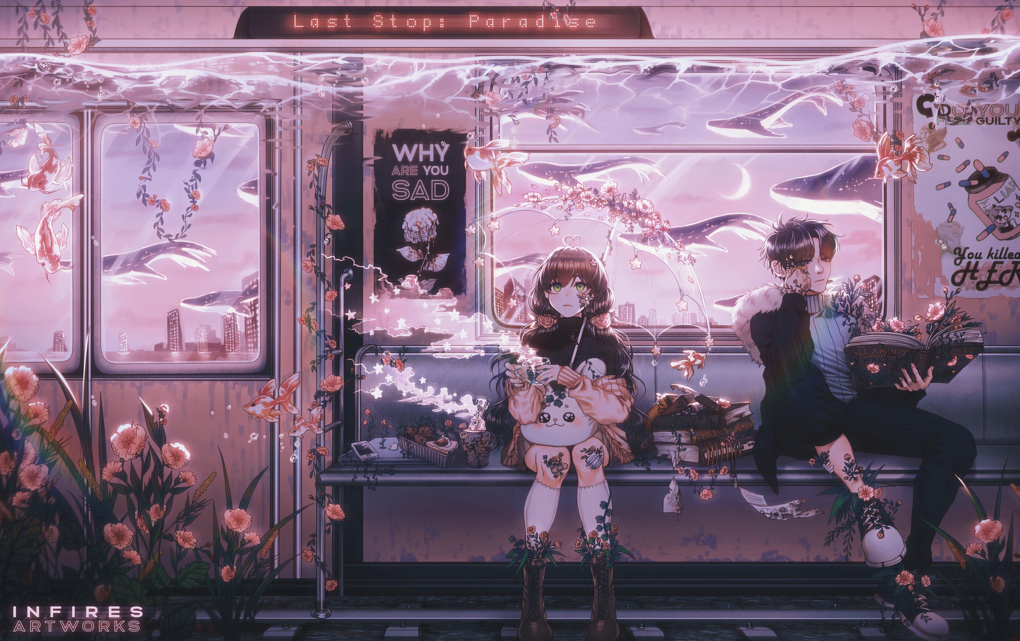4K, flying whales, anime girls, green eyes, long hair, whale, fish, subway, anime boys, anime, Digital Extremes, underwater, flowers, books HD Wallpaper