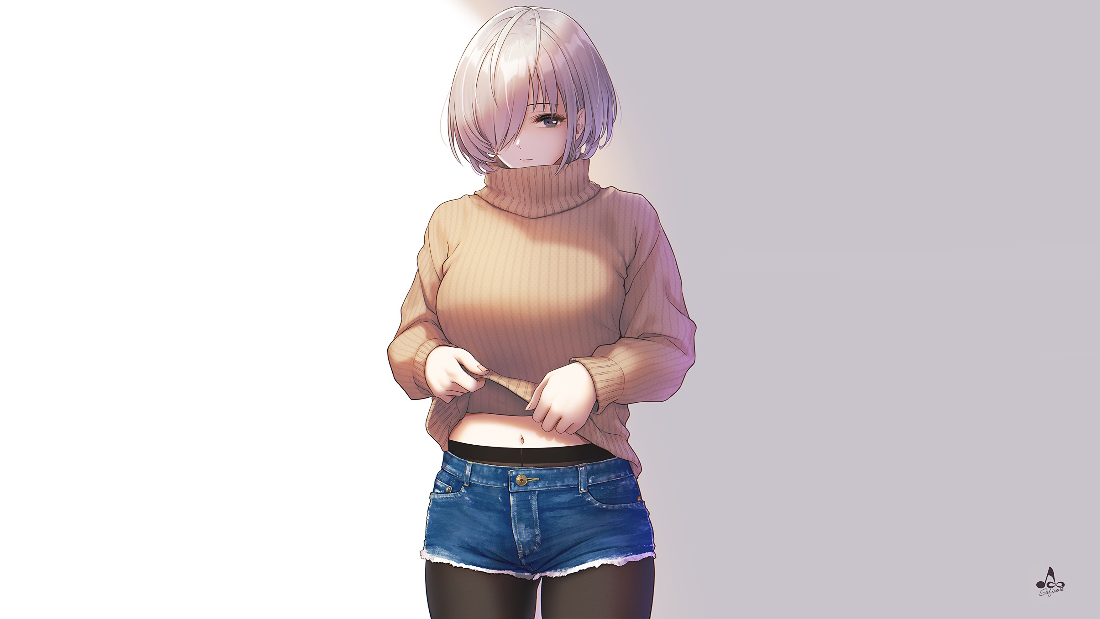 Girl in Jean Shorts and Beige Sweater HD Wallpaper