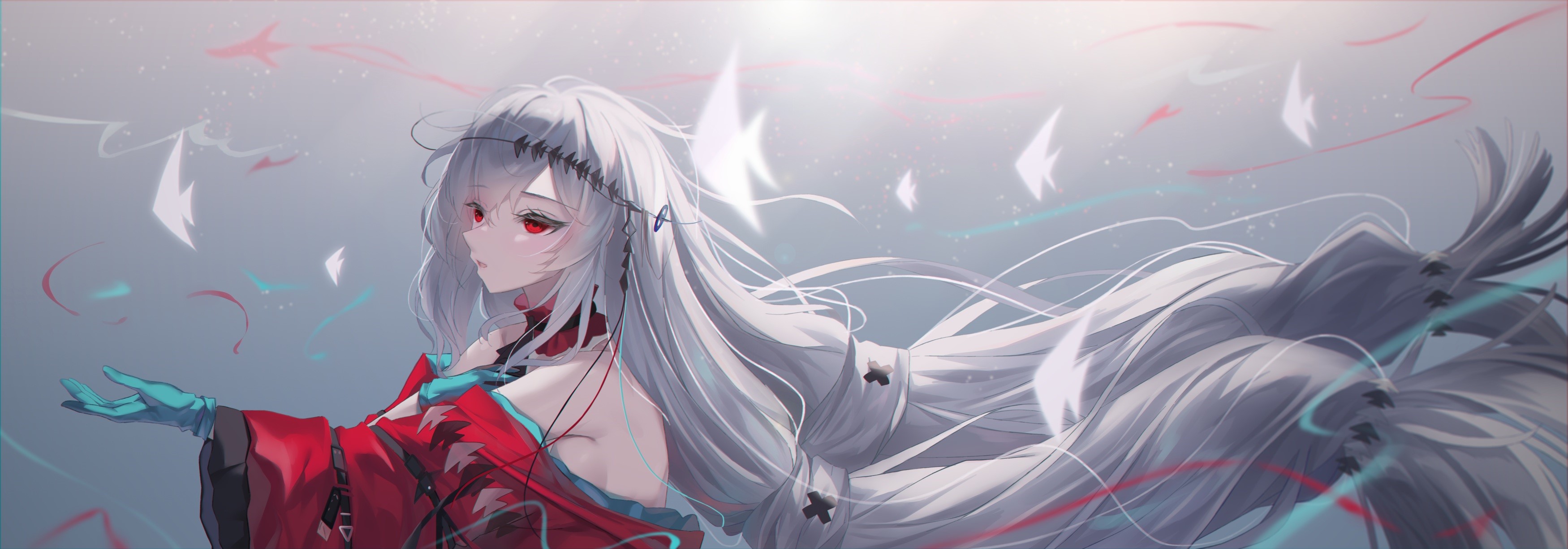white hair, long hair, red eyes, Arknights, fantasy art, red dress, Skadi(Arknights) HD Wallpaper