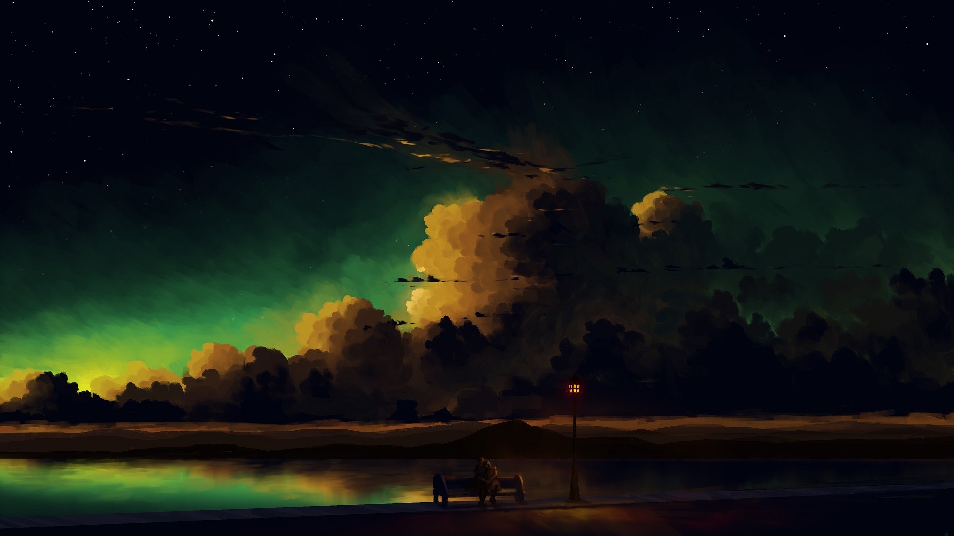 digital painting, sky, lake, clouds, BisBiswas, landscape HD Wallpaper