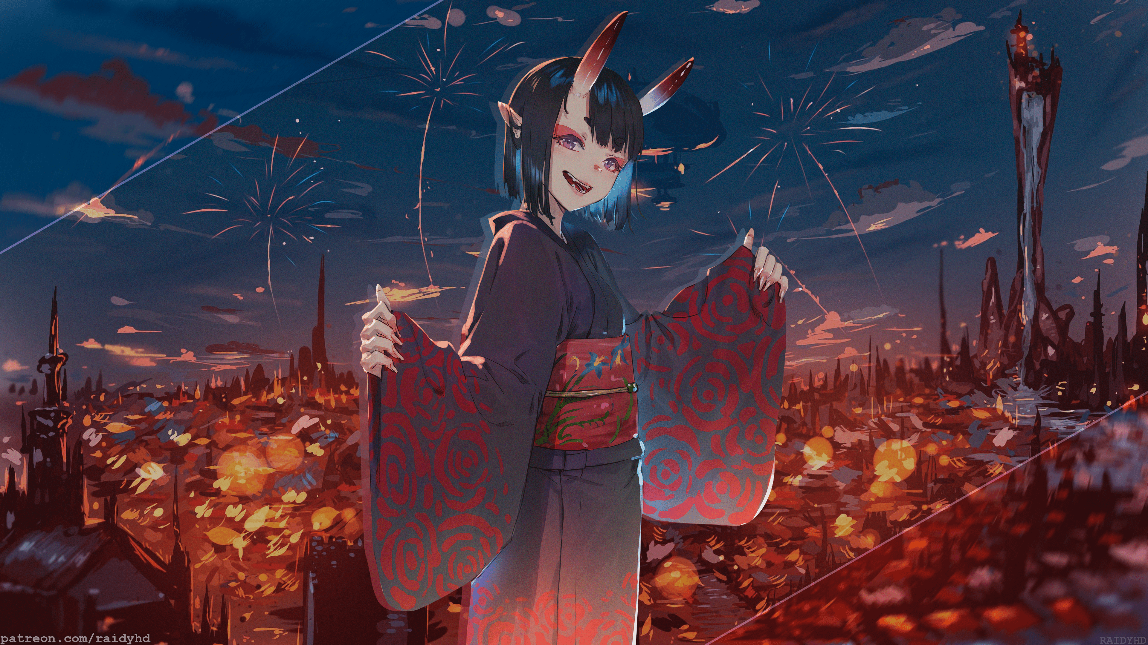 4K, anime girls, Shuten Douji (Fate/Grand Order), picture-in-picture, anime HD Wallpaper