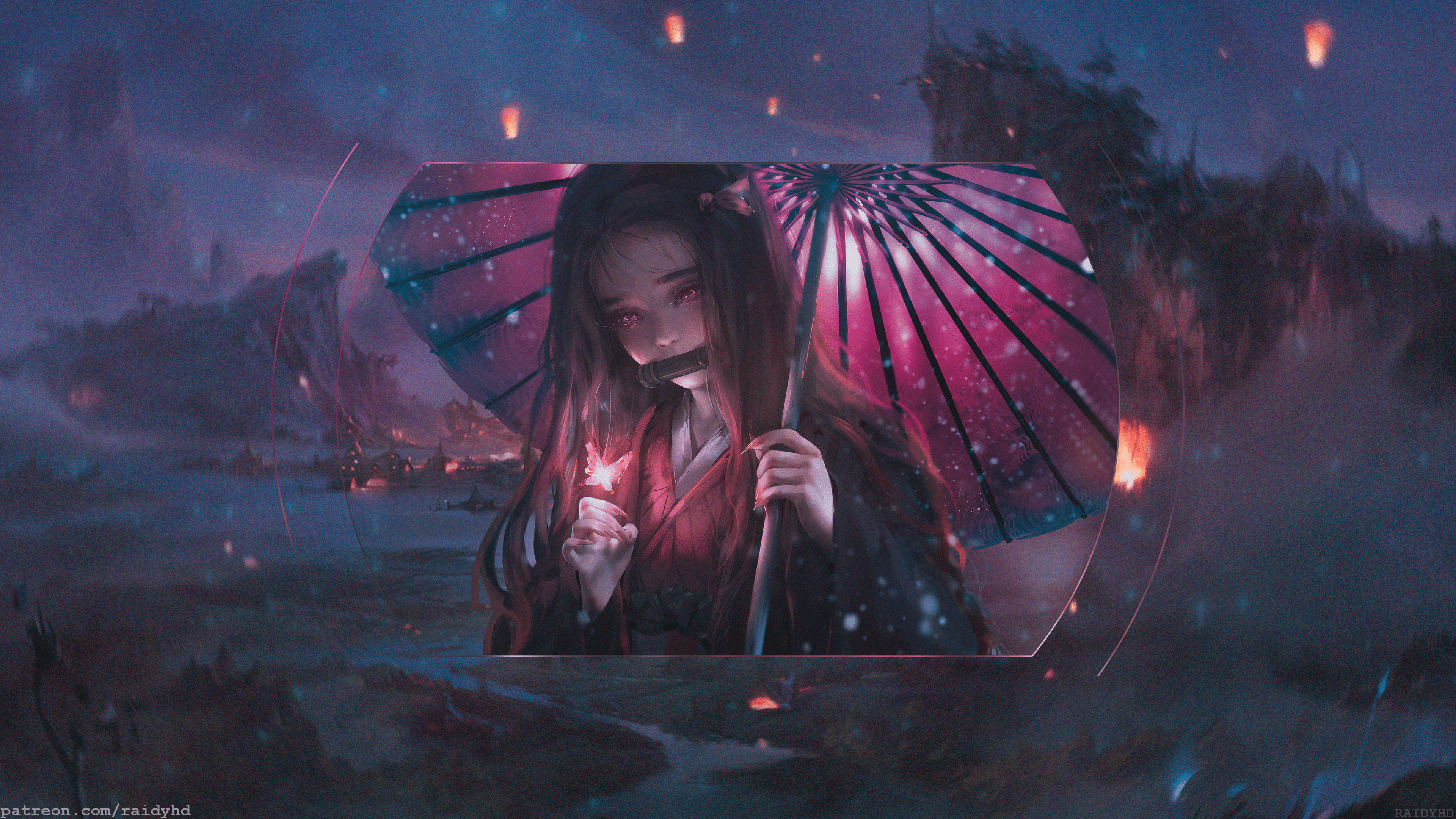 4K, Kamado Nezuko, picture-in-picture, anime, anime girls, Kimetsu no Yaiba HD Wallpaper