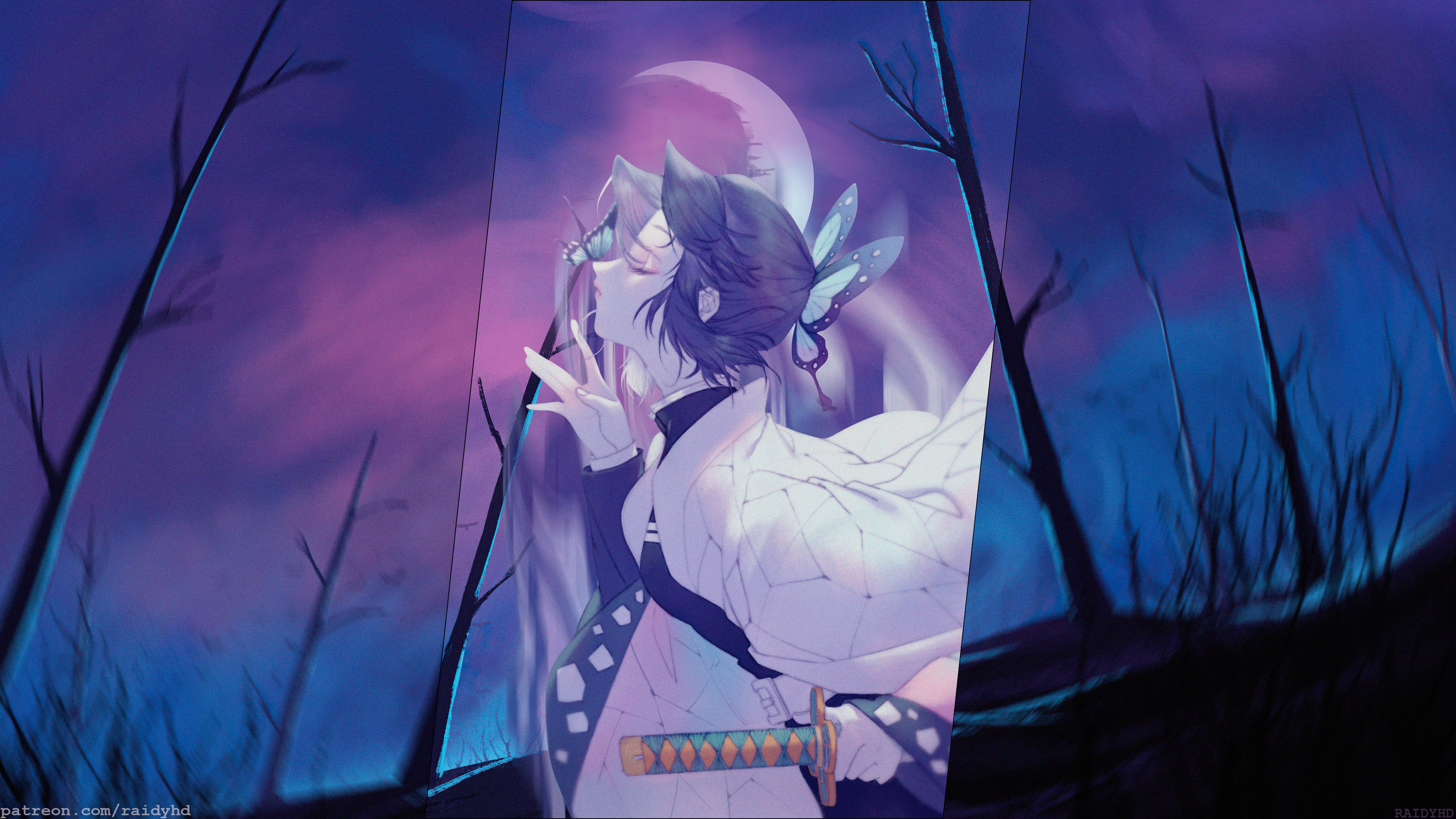 4K, anime girls, picture-in-picture, Kochou Shinobu, Kimetsu no Yaiba, anime HD Wallpaper