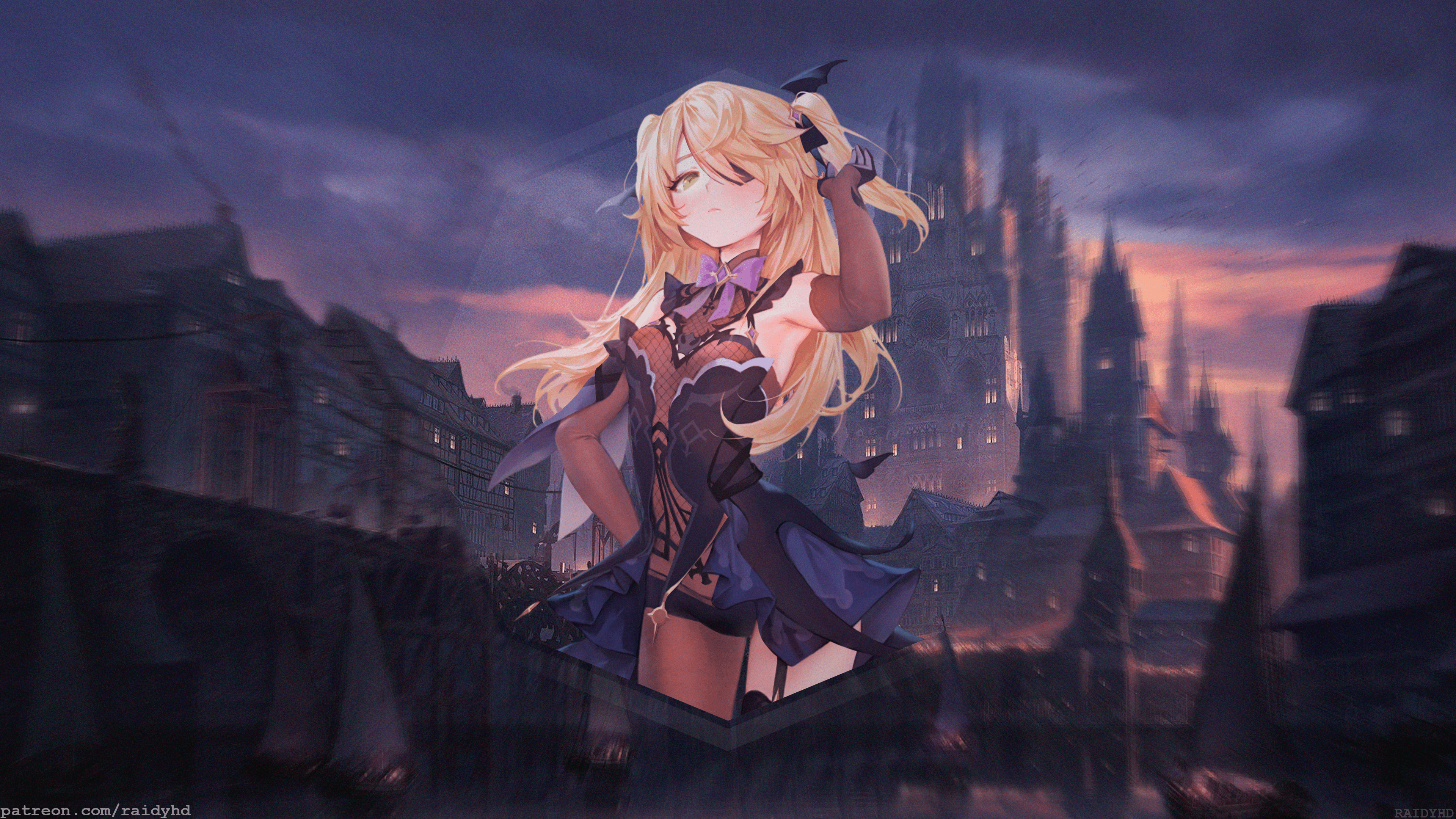 4K, picture-in-picture, anime girls, Fischl (Genshin Impact), Genshin Impact, Genshin HD Wallpaper
