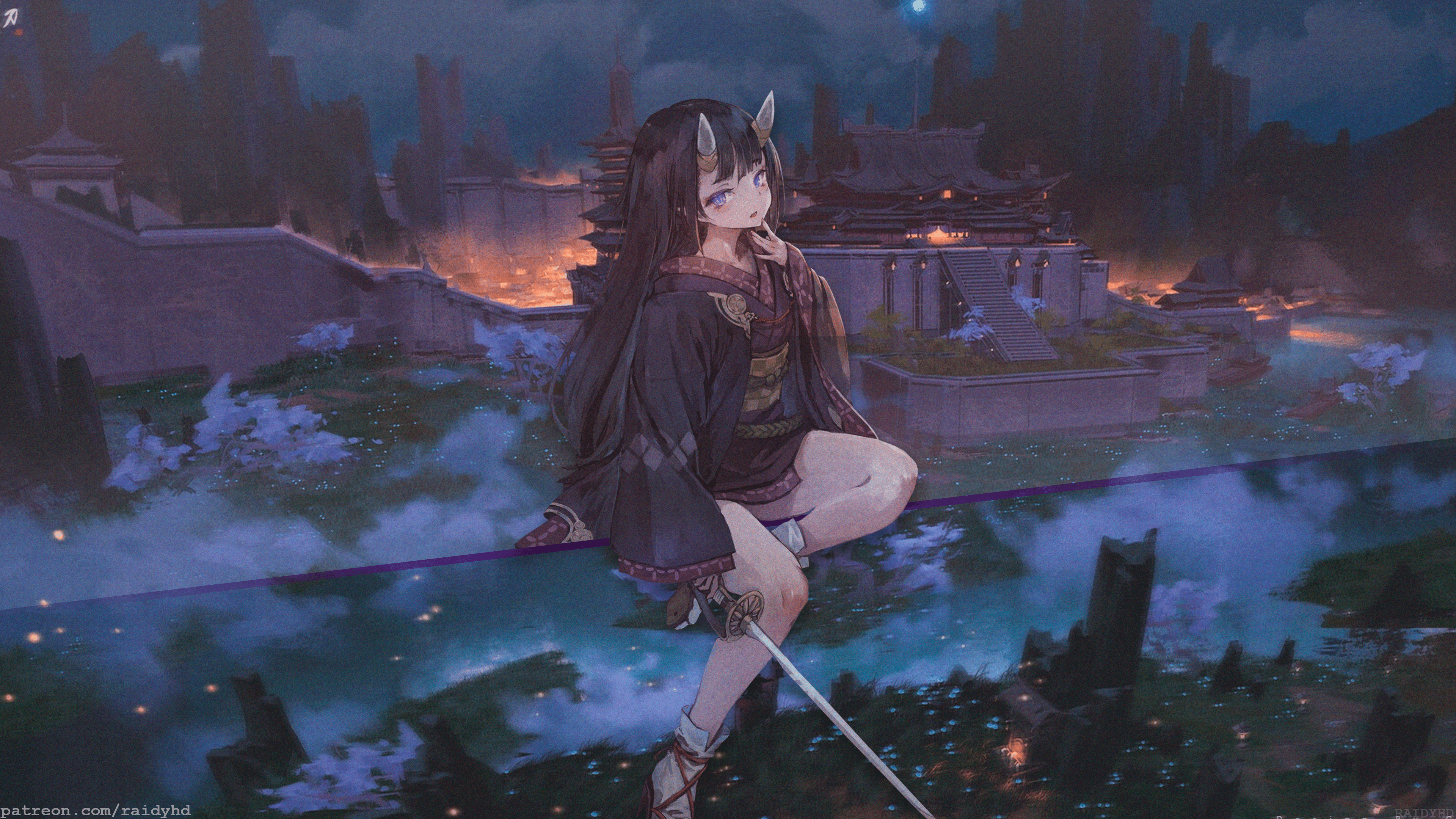 4K, legs, anime girls, fantasy girl, girls with swords, long hair, horns, purple eyes, dark hair, anime, fantasy art HD Wallpaper