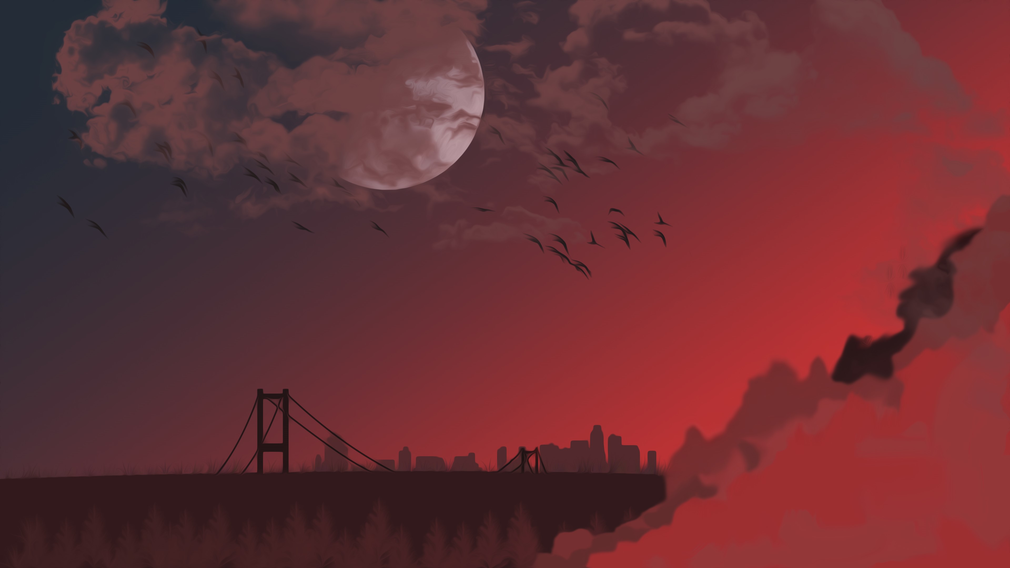 4K, XEBELION, sunset, city, bridge, Moon, artwork, night, gradient, drawing, birds, ArtStation HD Wallpaper
