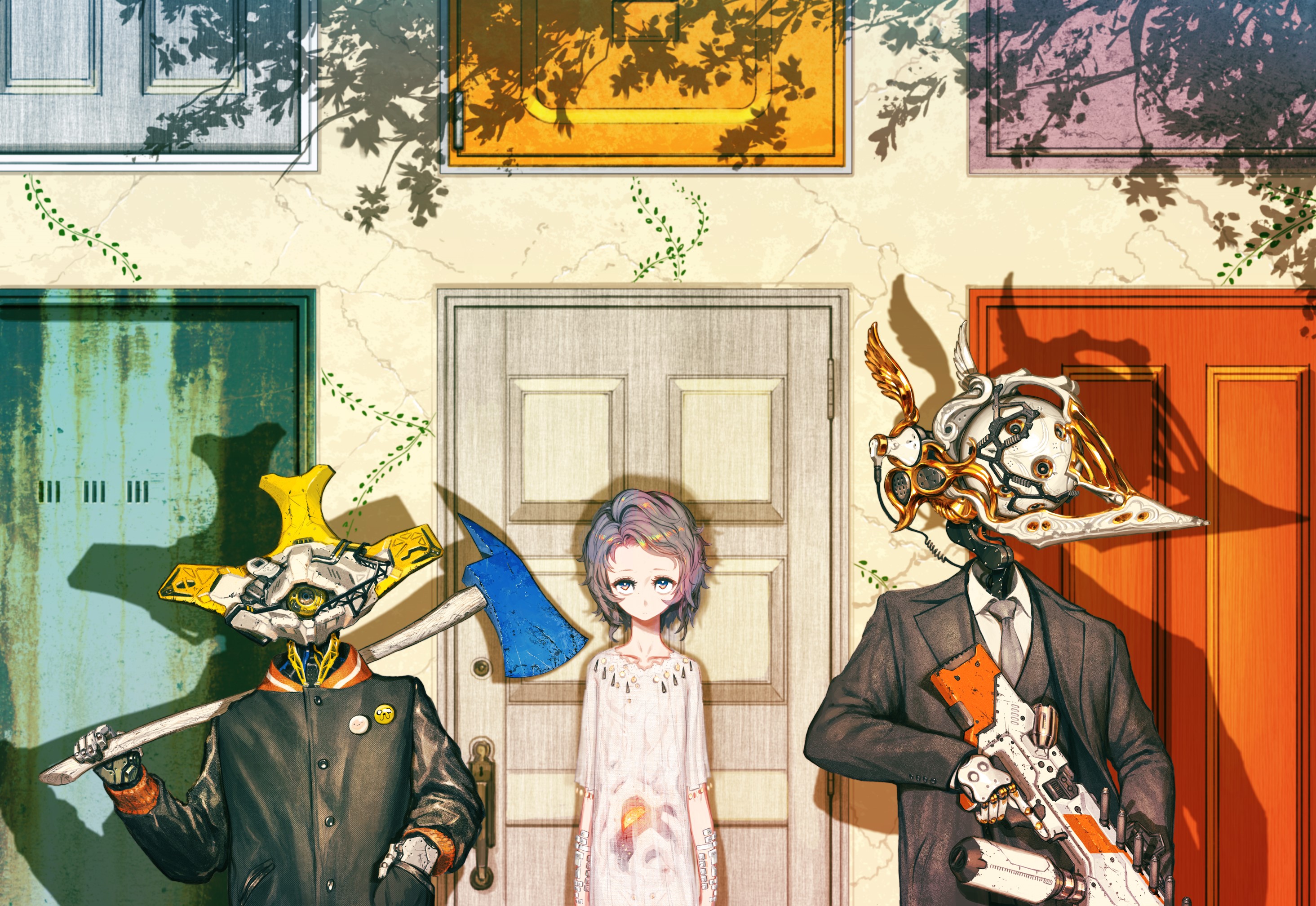 anime girls, standing, axes, Pixiv, anime, robot, weapon, artwork HD Wallpaper