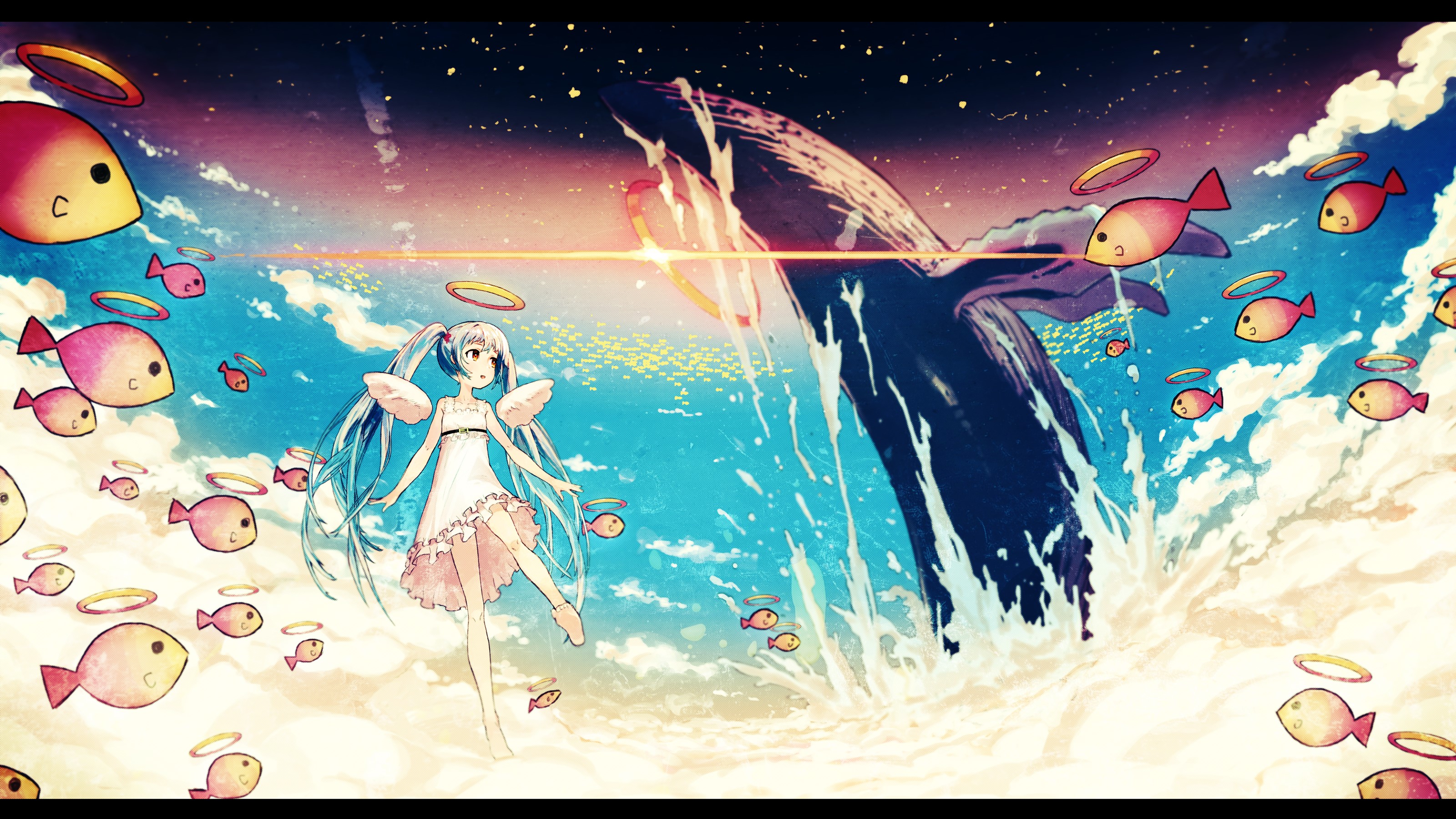 whale, artwork, angel, sky, Hatsune Miku HD Wallpaper