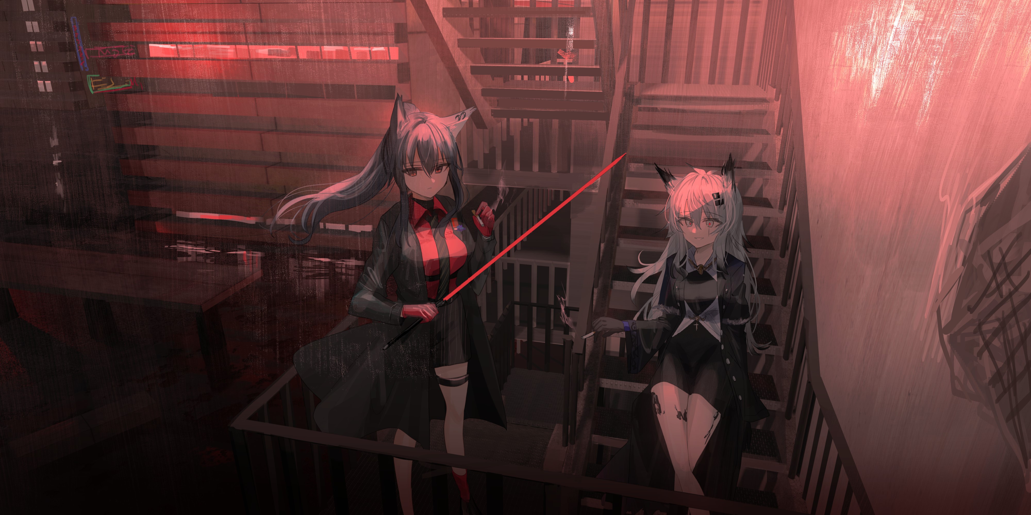 4K, Arknights, Chihuri 45, Lappland (Arknights), animal ears, anime, anime girls, smoking, Texas (Arknights) HD Wallpaper