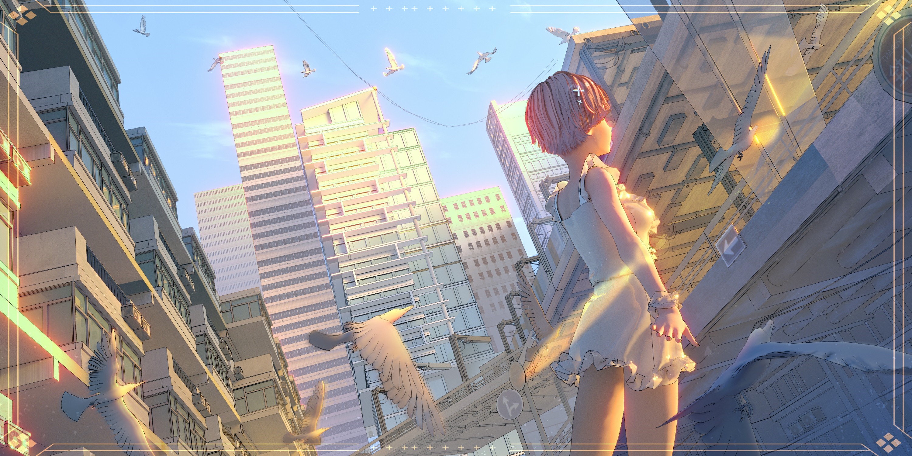 Jiang Geping, clear sky, dress, dove, women, city, sunlight HD Wallpaper