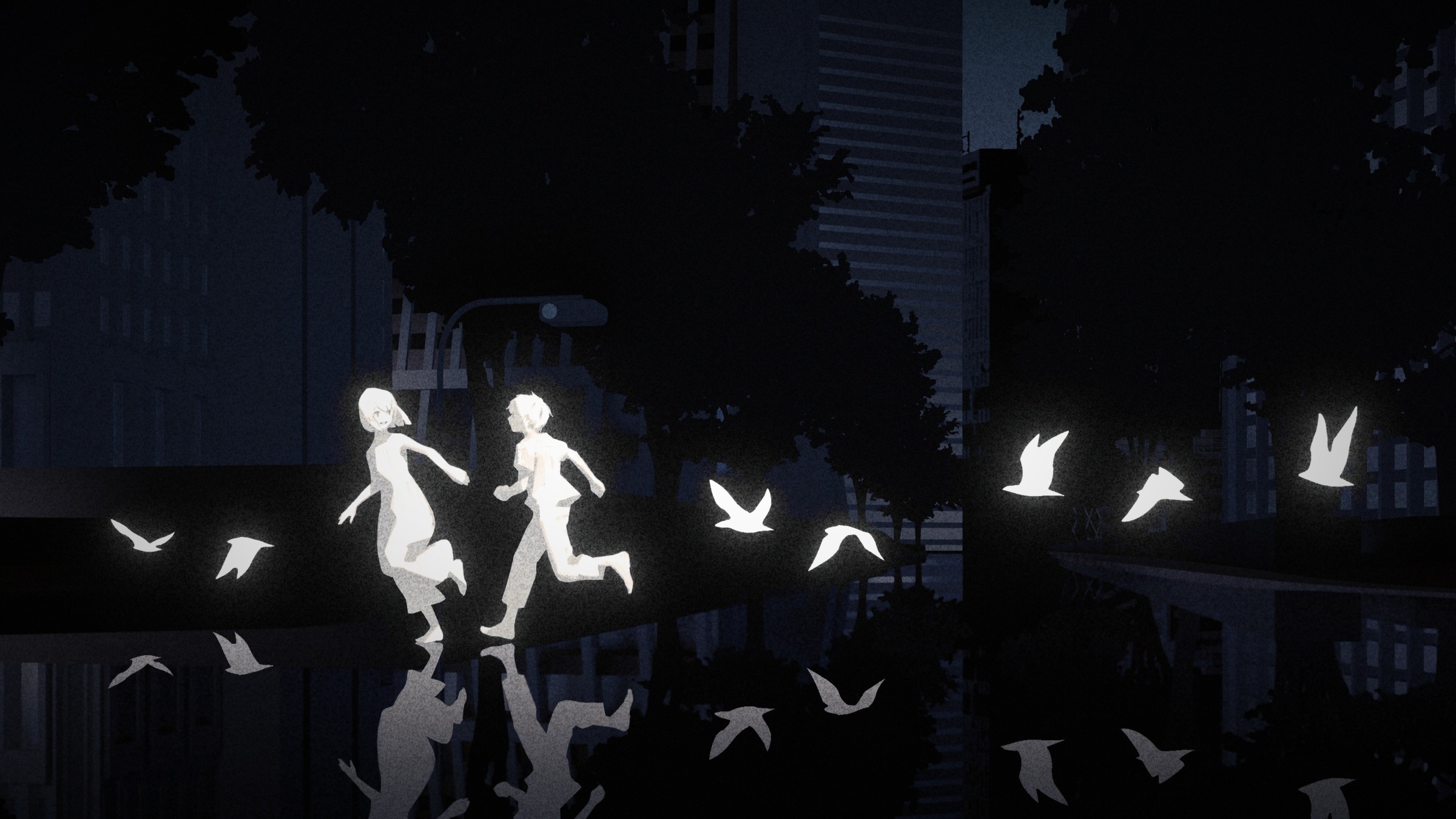 birds, street, city, trees, road, short hair, running, anime girls, anime boys, anime, monochrome, mirrored HD Wallpaper