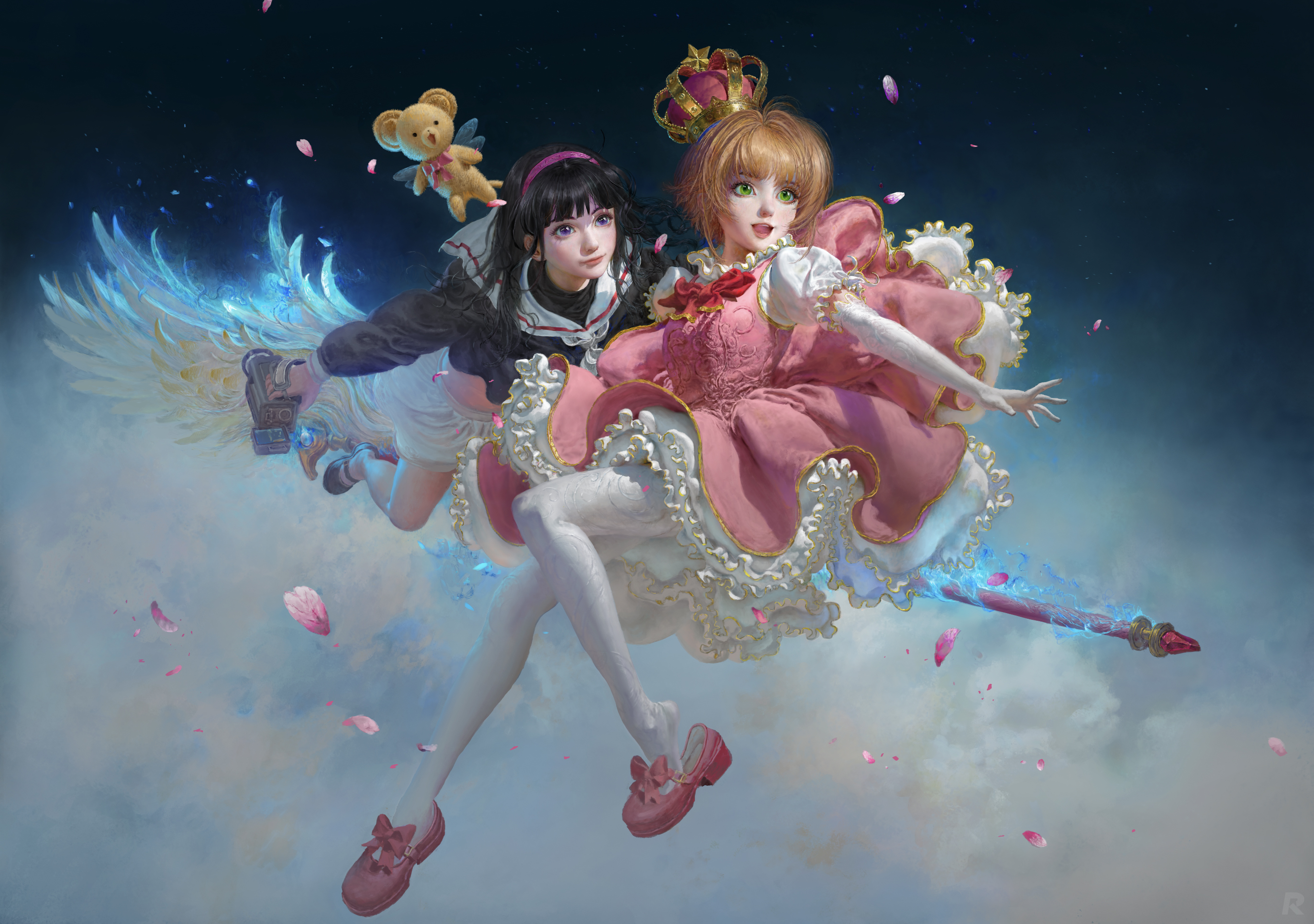 Cardcaptor Sakura, anime, legs, two women, fantasy art, Ruan Jia, dark hair, fantasy girl, crown, anime girls, green eyes, dress, pink dress HD Wallpaper
