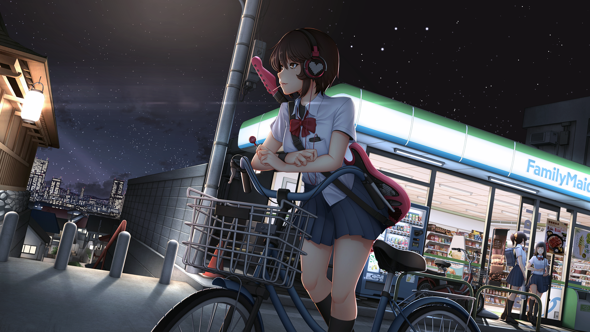 city, schoolgirl, Mochi (artist) HD Wallpaper