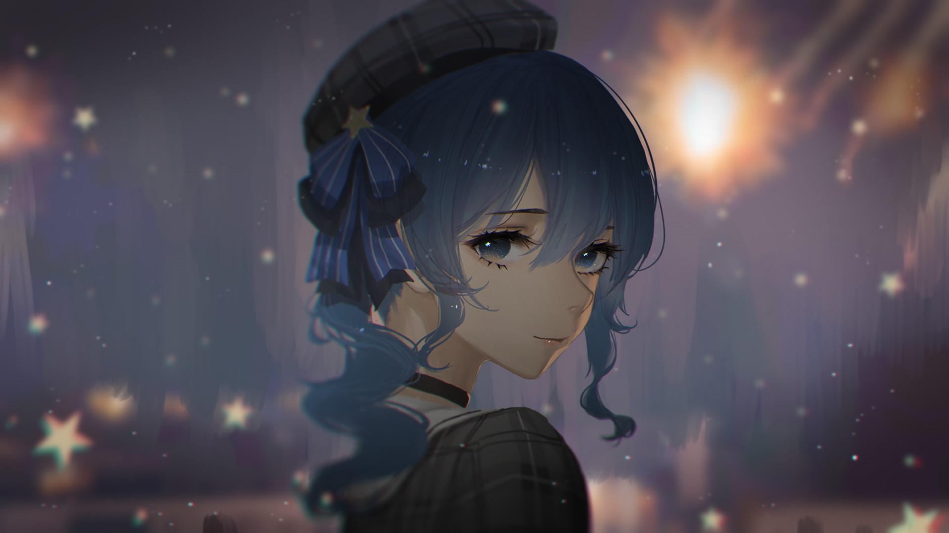 hat, berets, anime girls, stars, looking at viewer, Hololive, Suisei Hoshimachi, anime, blue eyes HD Wallpaper