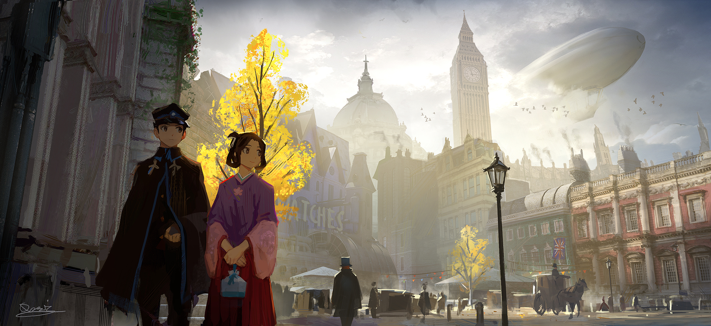 cityscape, London, anime girls, anime boys, Qosic HD Wallpaper