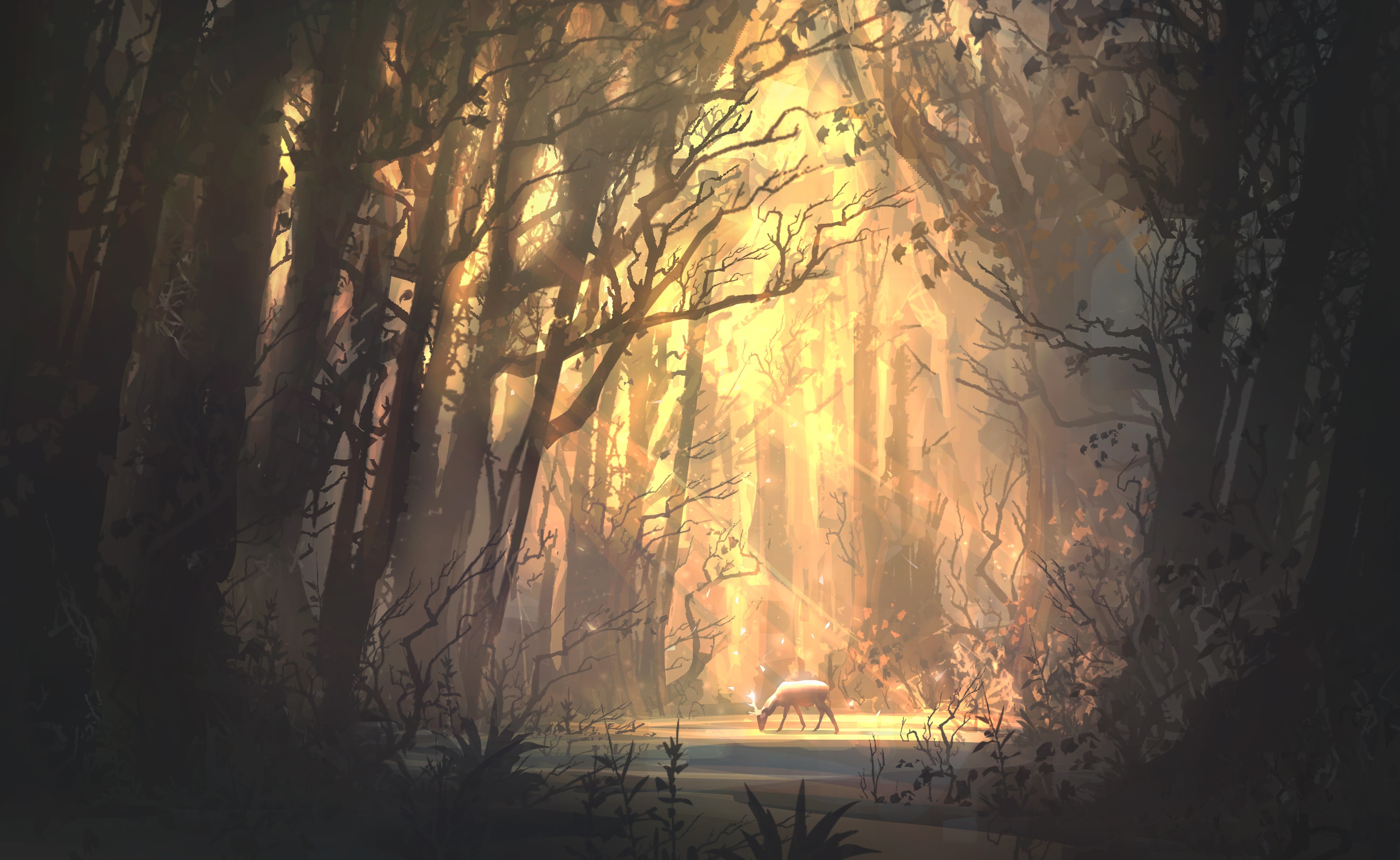 4K, trees, drawing, David Frasheski, landscape, digital art, artwork, sunlight, forest, deer, sun rays, ArtStation HD Wallpaper