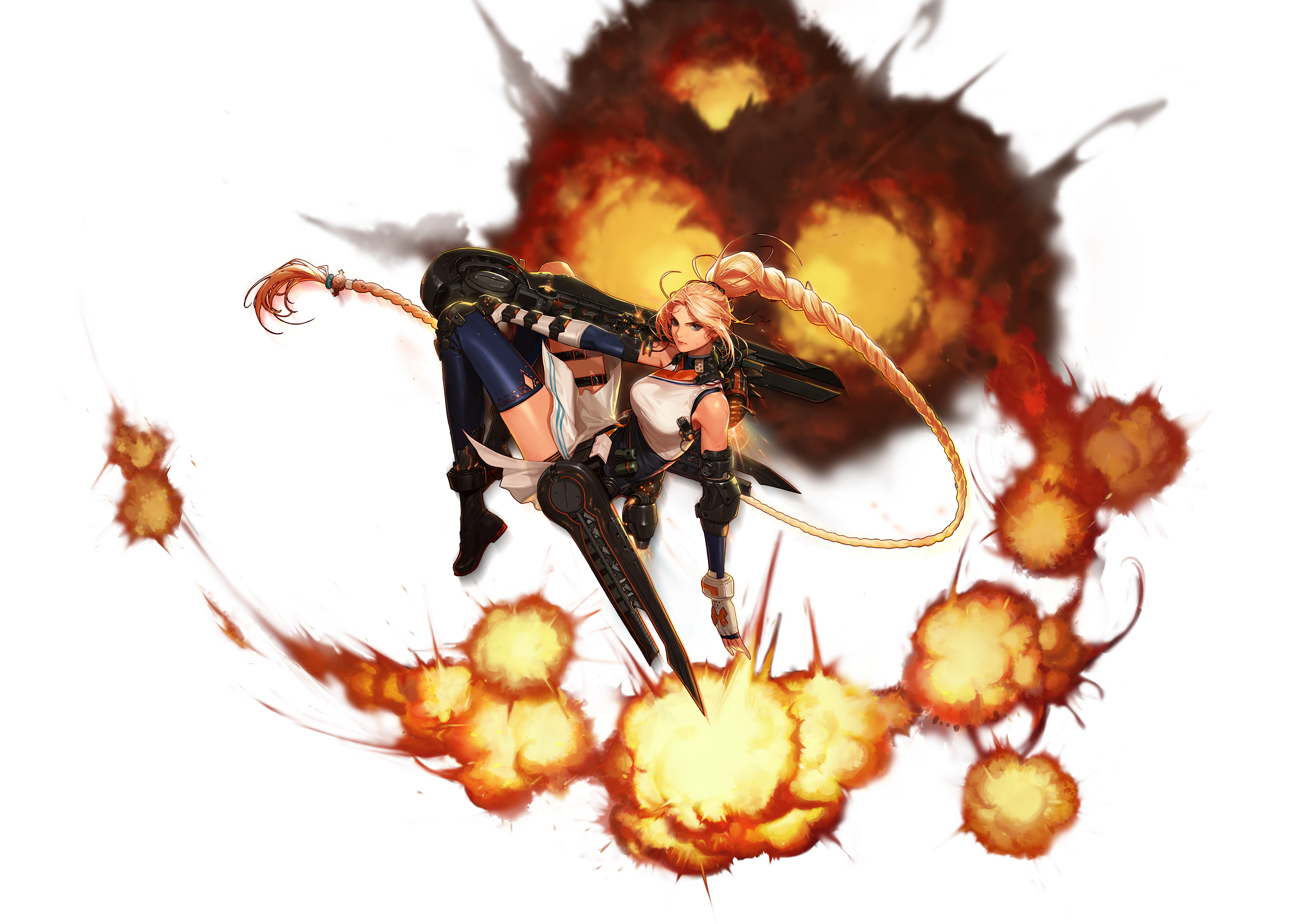 stockings, long hair, anime, anime girls, blonde, blue stockings, fire, Dungeon & Fighter, Dungeon and Fighter HD Wallpaper