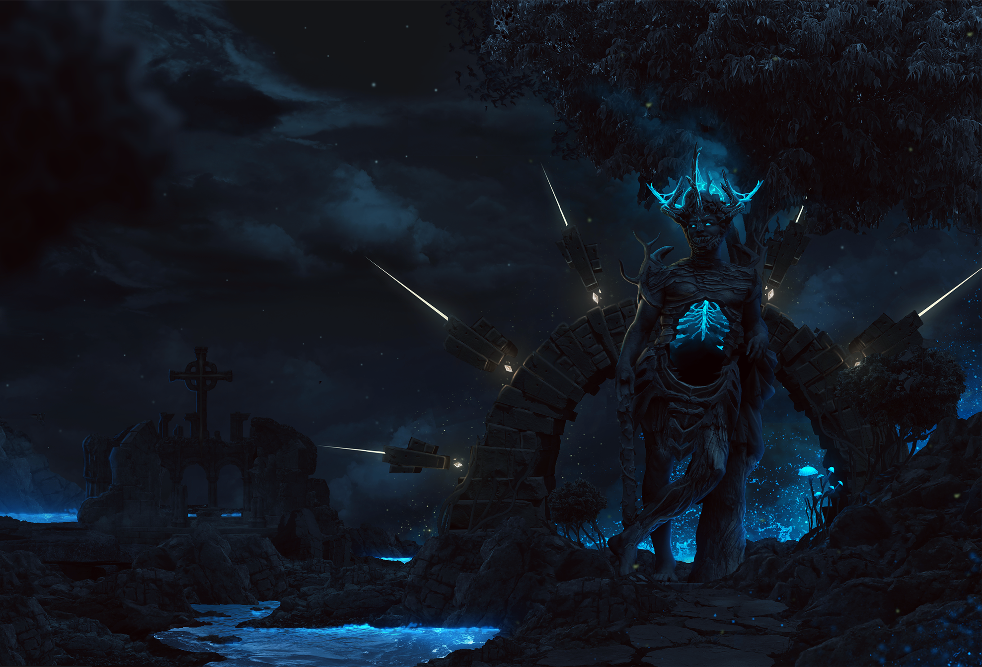 water, trees, cross, horns, dark, temple, digital art, construction, glowing, skeleton, night, neon, creature, Photoshop HD Wallpaper